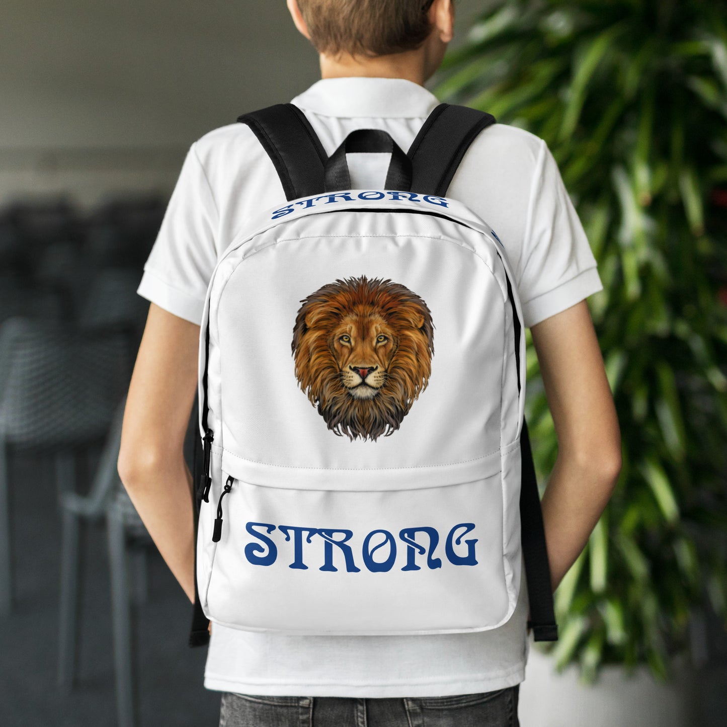 “STRONG” White Backpack W/Blue Font