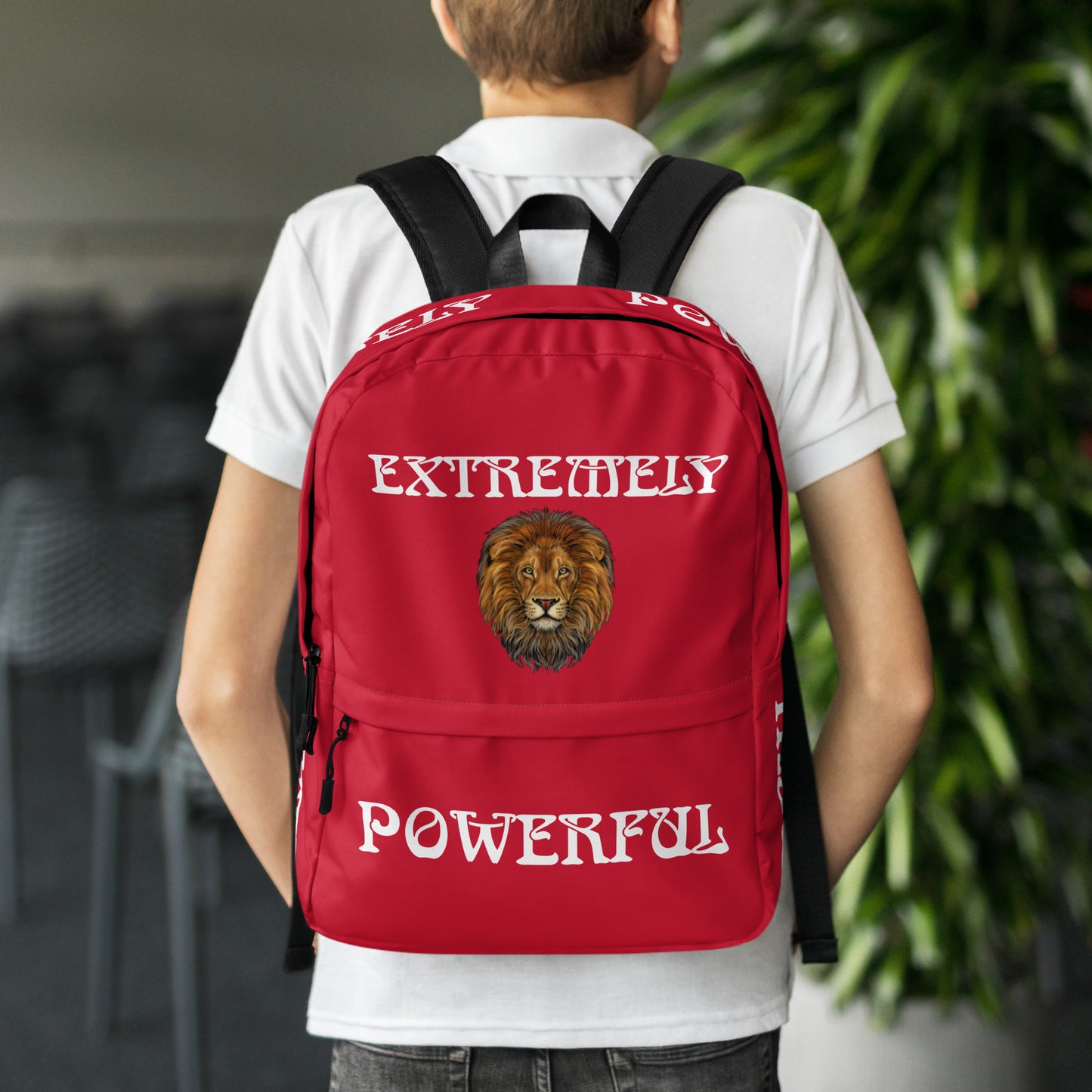 “EXTREMELY POWERFUL”Red Backpack W/White Font