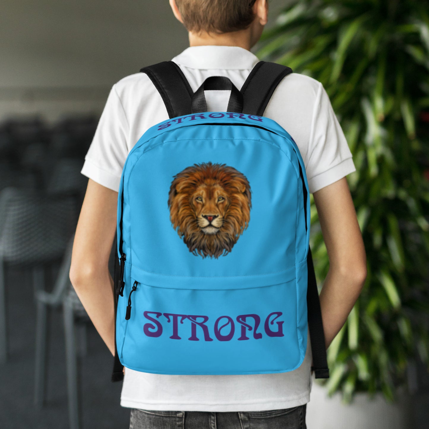 “STRONG” SkyBlue Backpack W/Purple Font