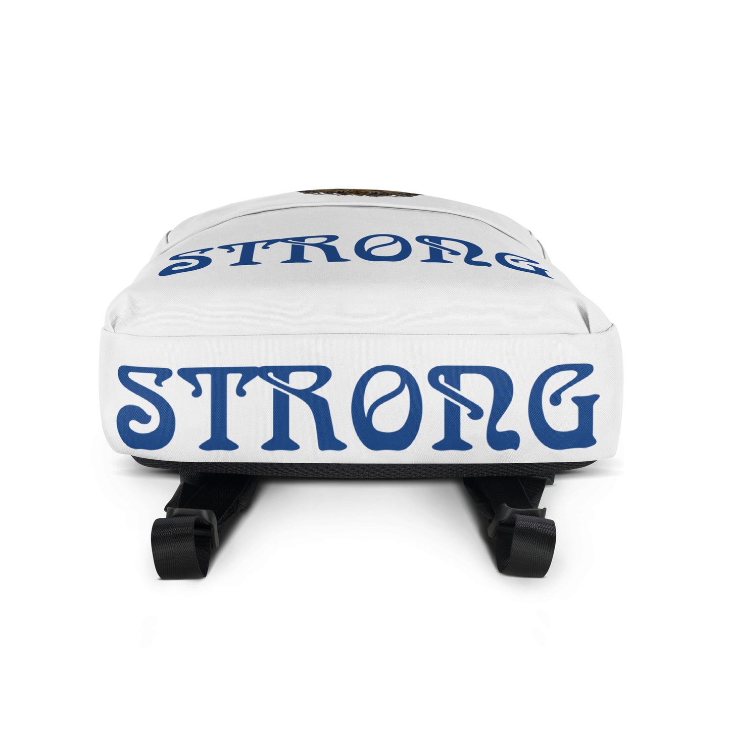 “STRONG” White Backpack W/Blue Font