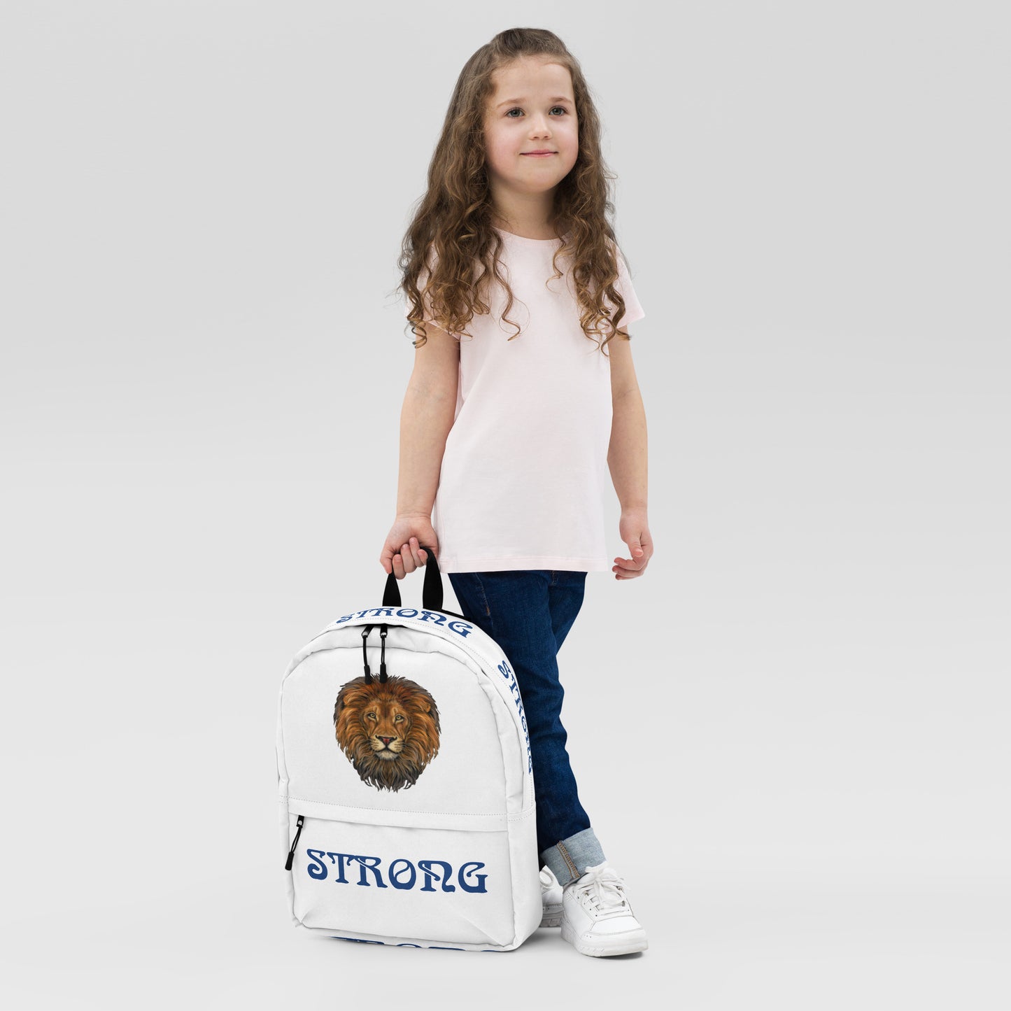 “STRONG” White Backpack W/Blue Font