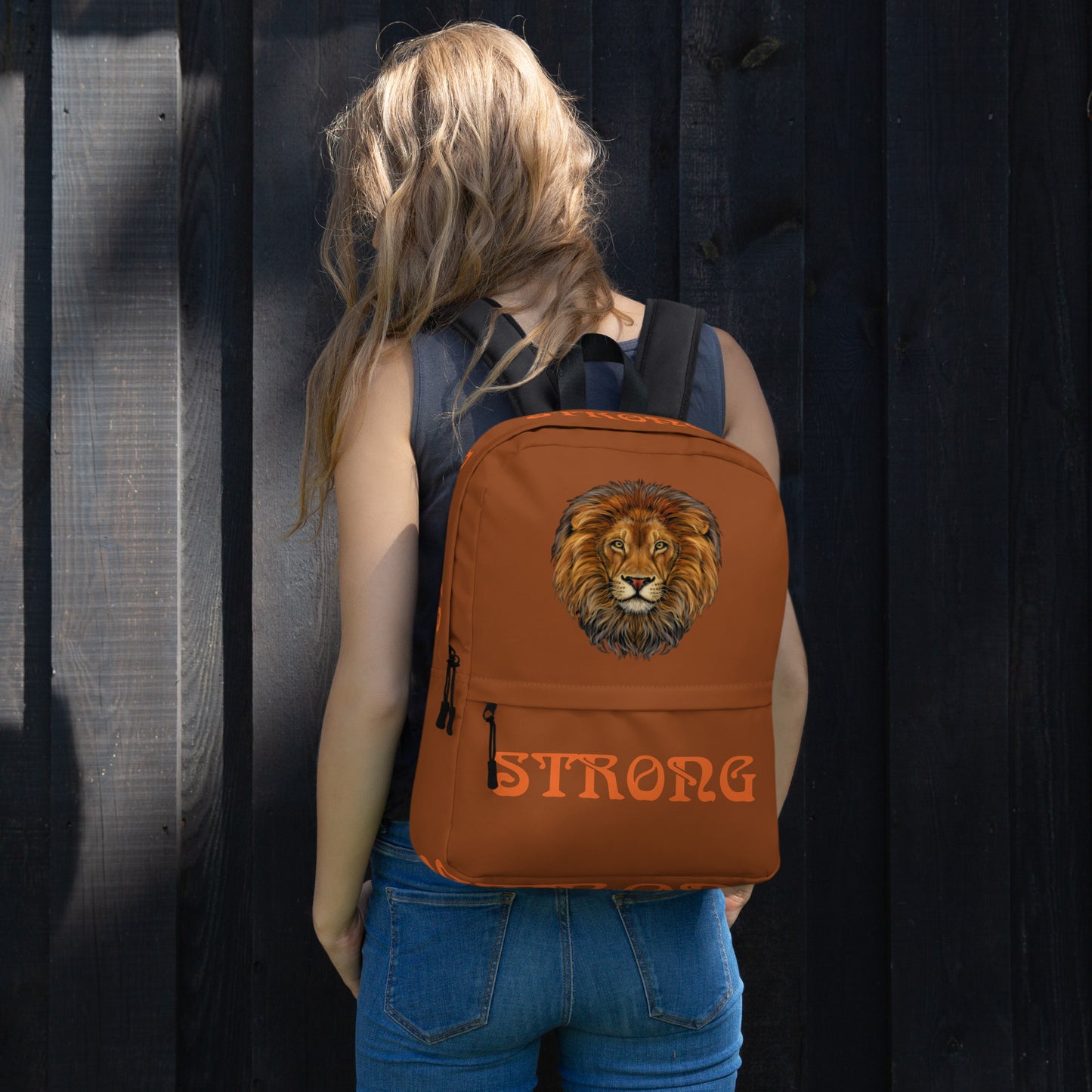 “STRONG” Brown Backpack W/Orange Font