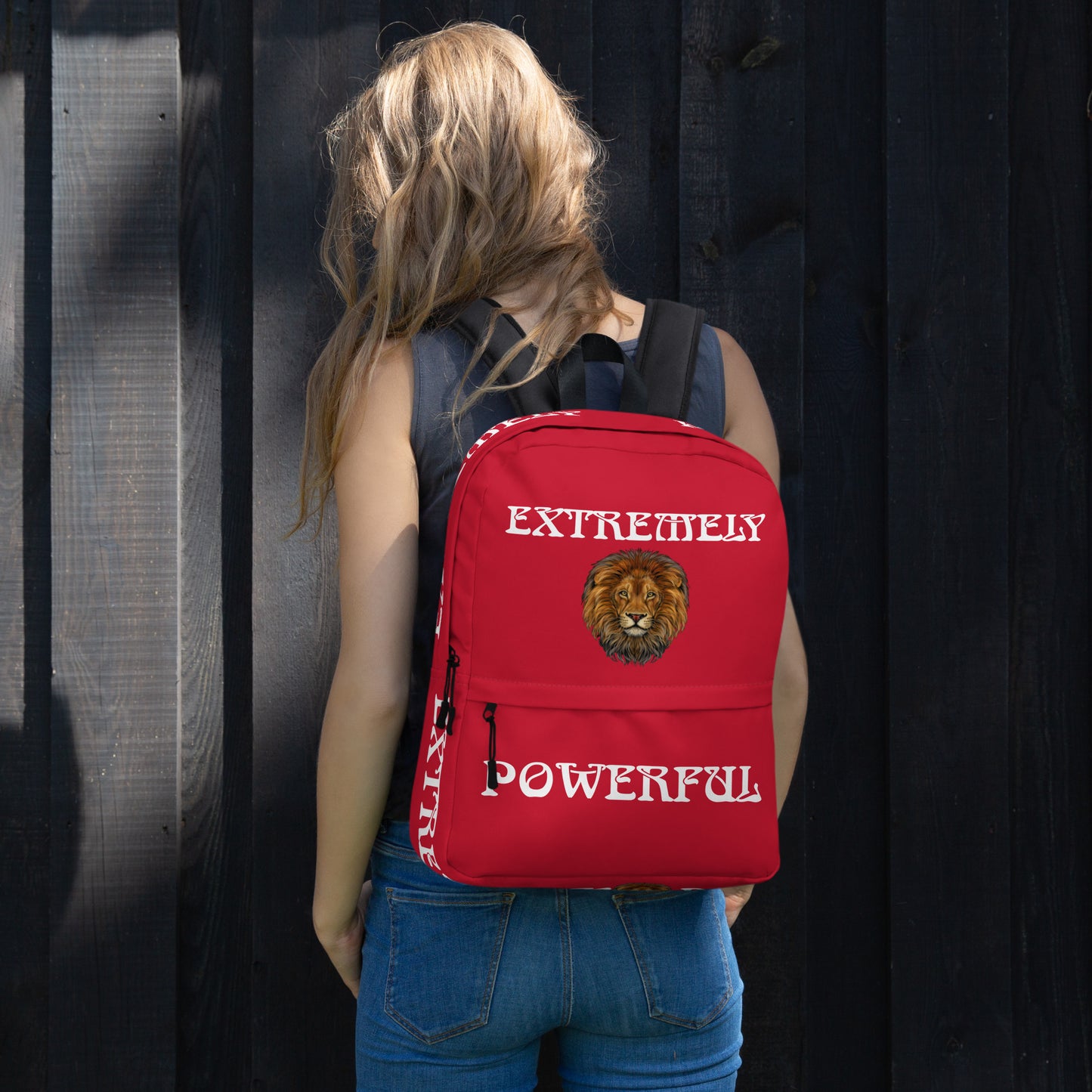 “EXTREMELY POWERFUL”Red Backpack W/White Font
