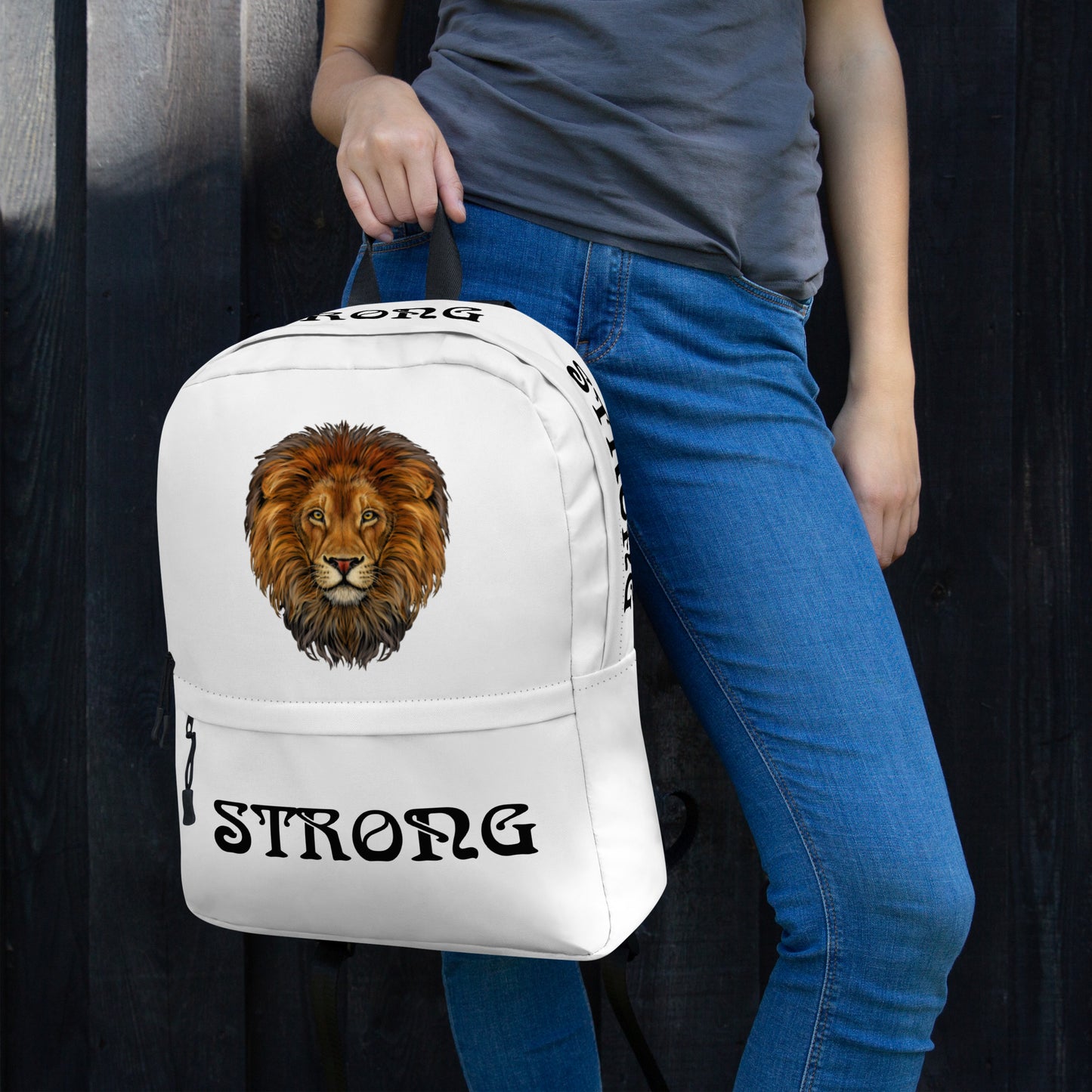“STRONG” White Backpack W/Black Font
