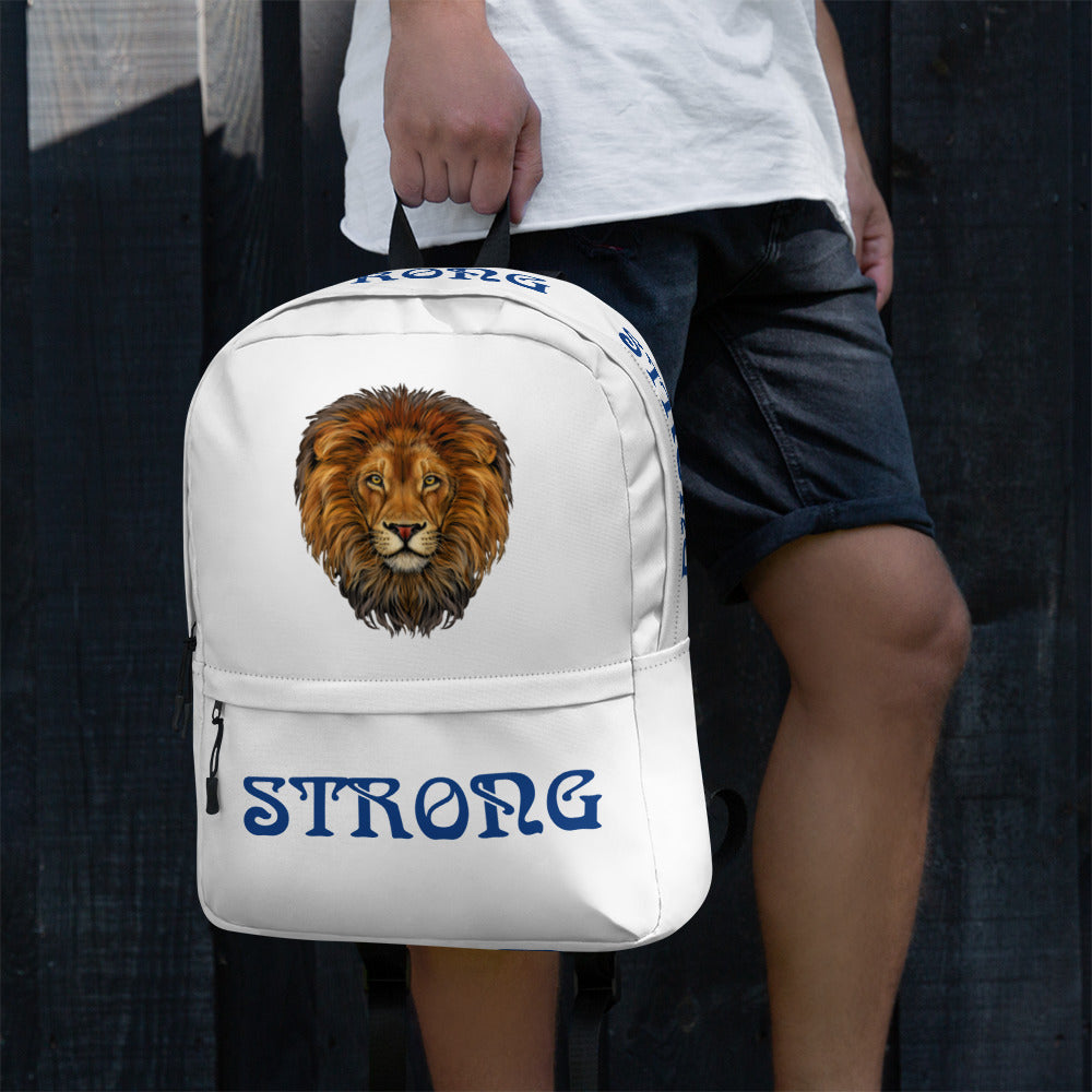 “STRONG” White Backpack W/Blue Font