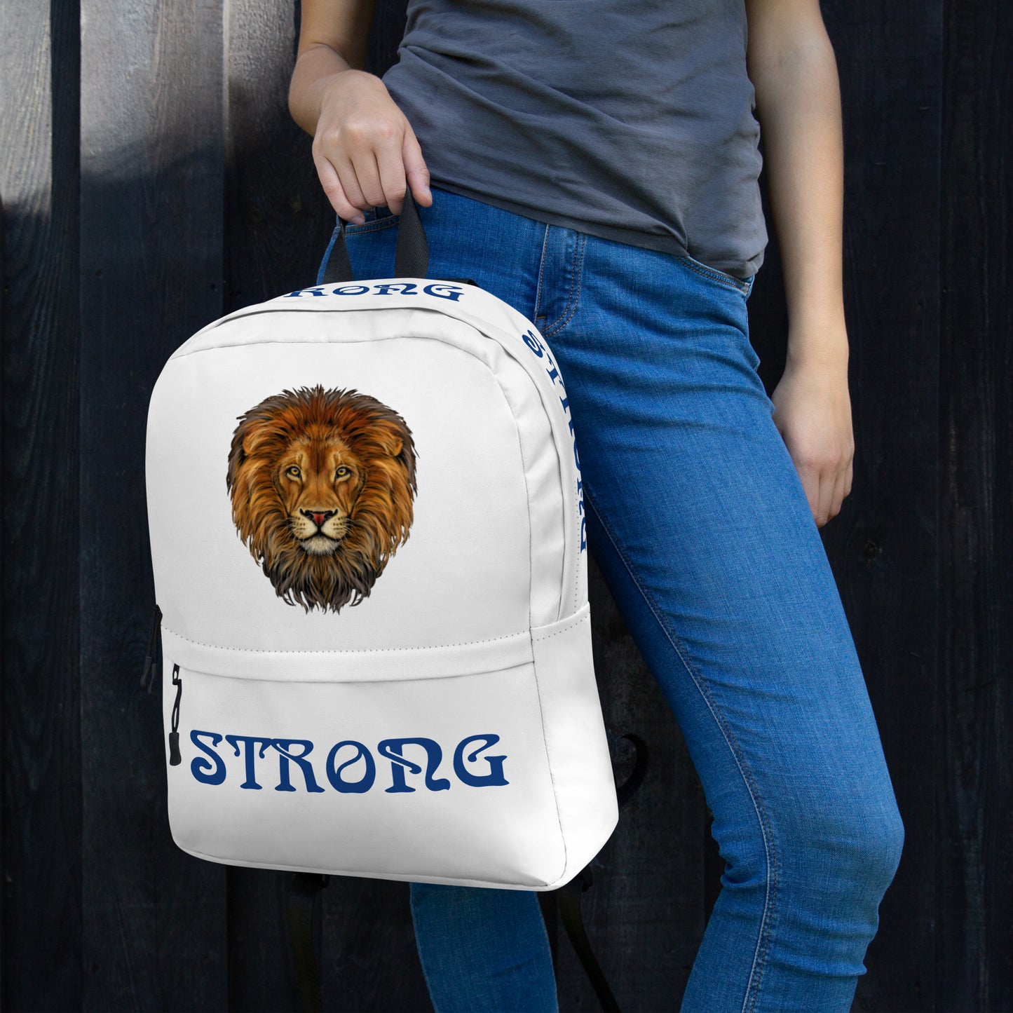 “STRONG” White Backpack W/Blue Font