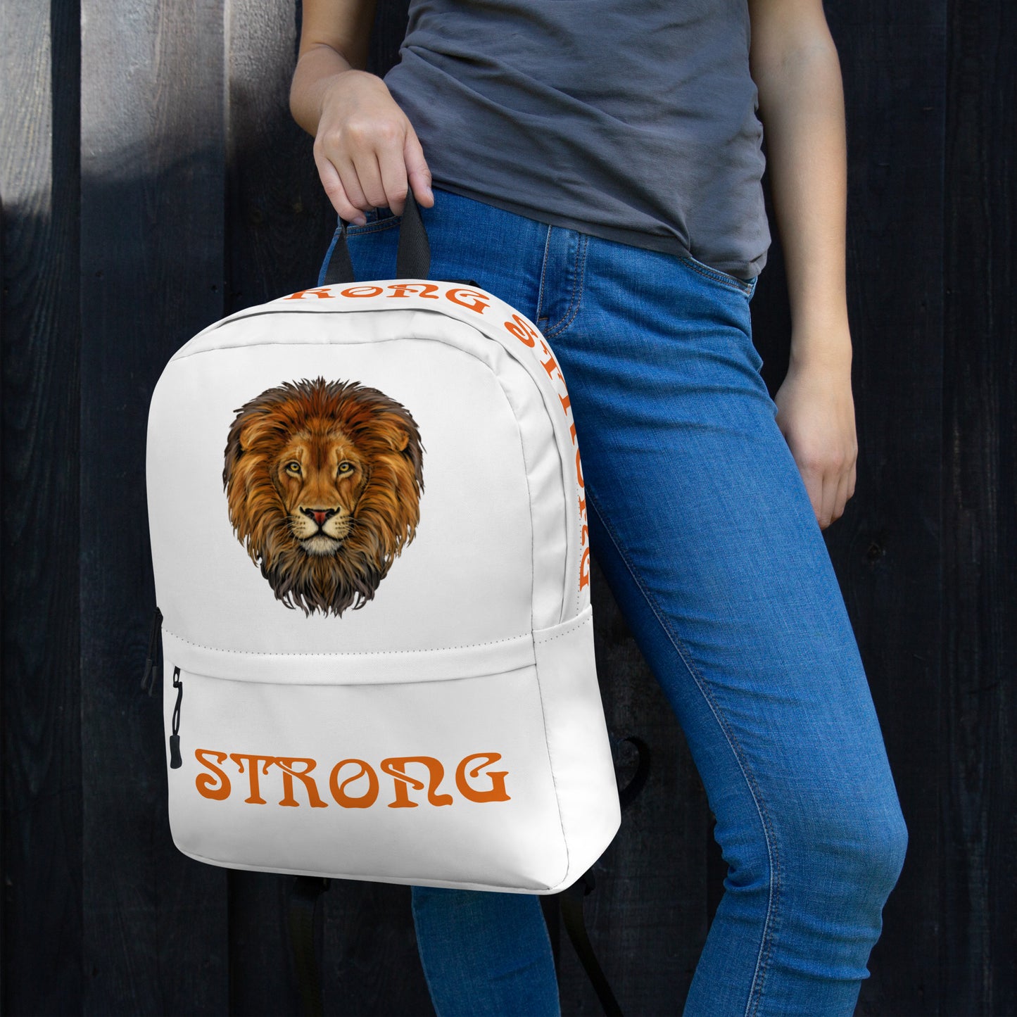 “STRONG” White Backpack W/Orange Font