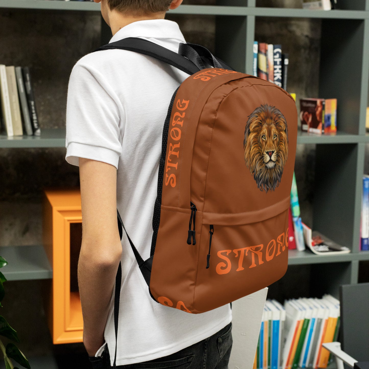 “STRONG” Brown Backpack W/Orange Font