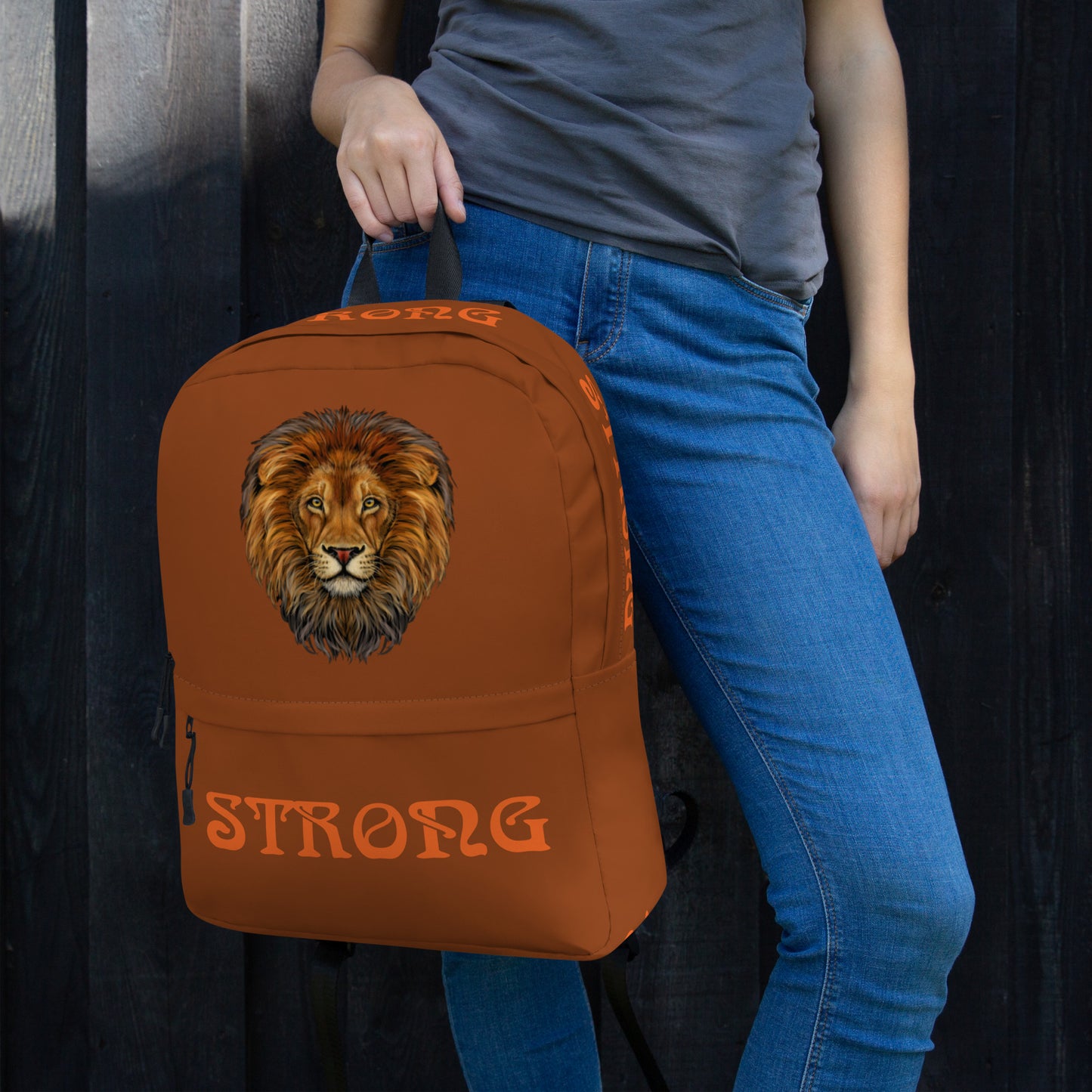 “STRONG” Brown Backpack W/Orange Font