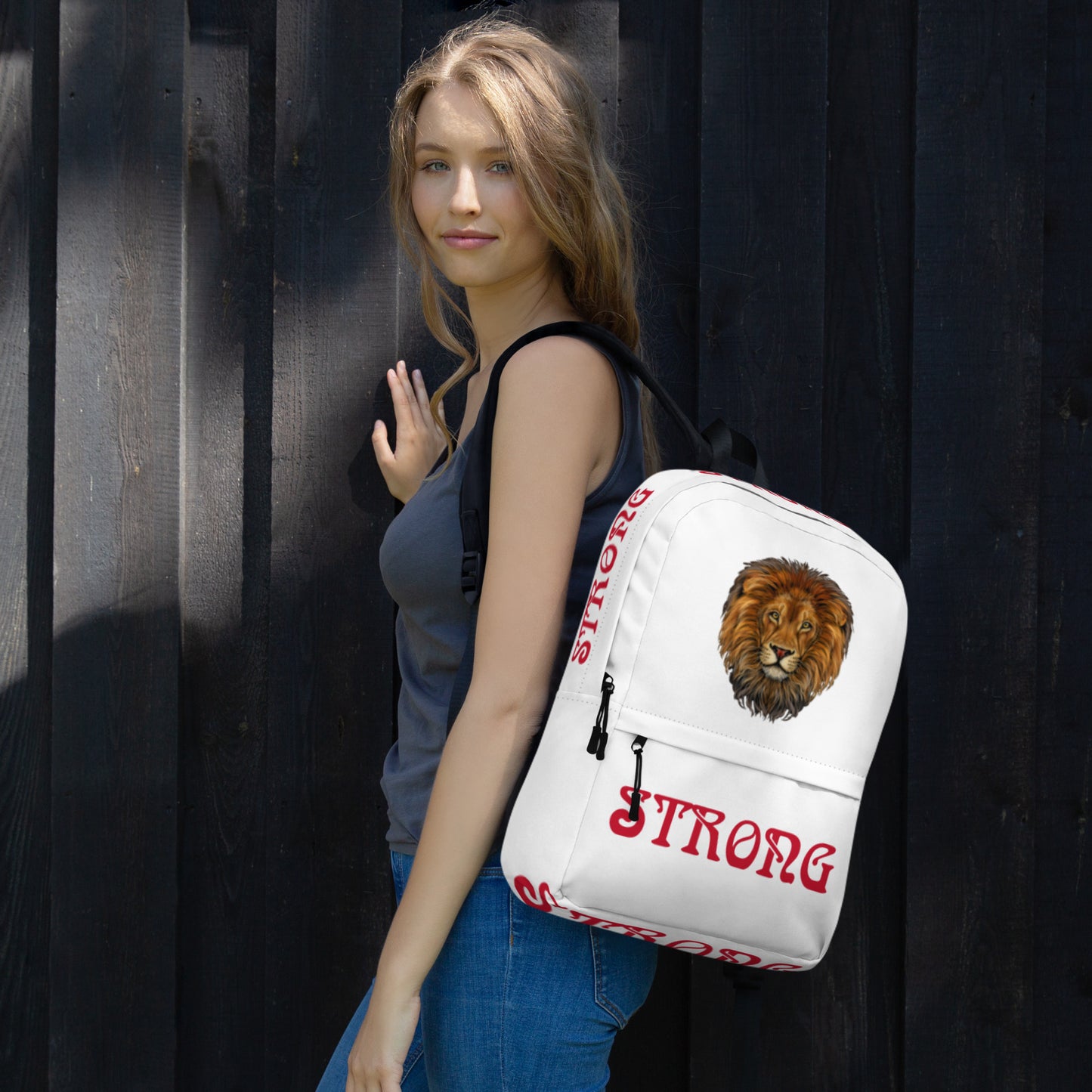 “STRONG” White Backpack W/Red Font