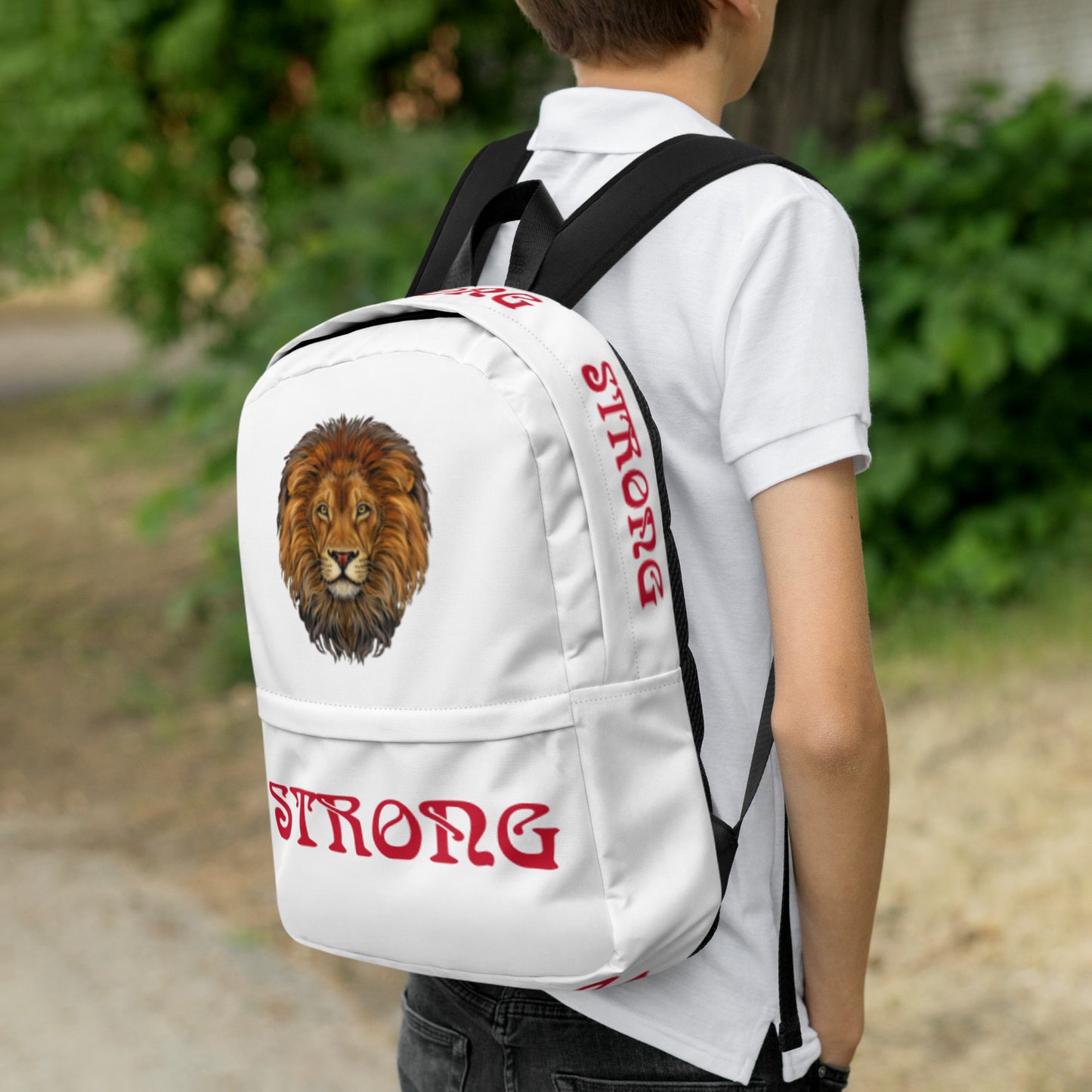 “STRONG” White Backpack W/Red Font