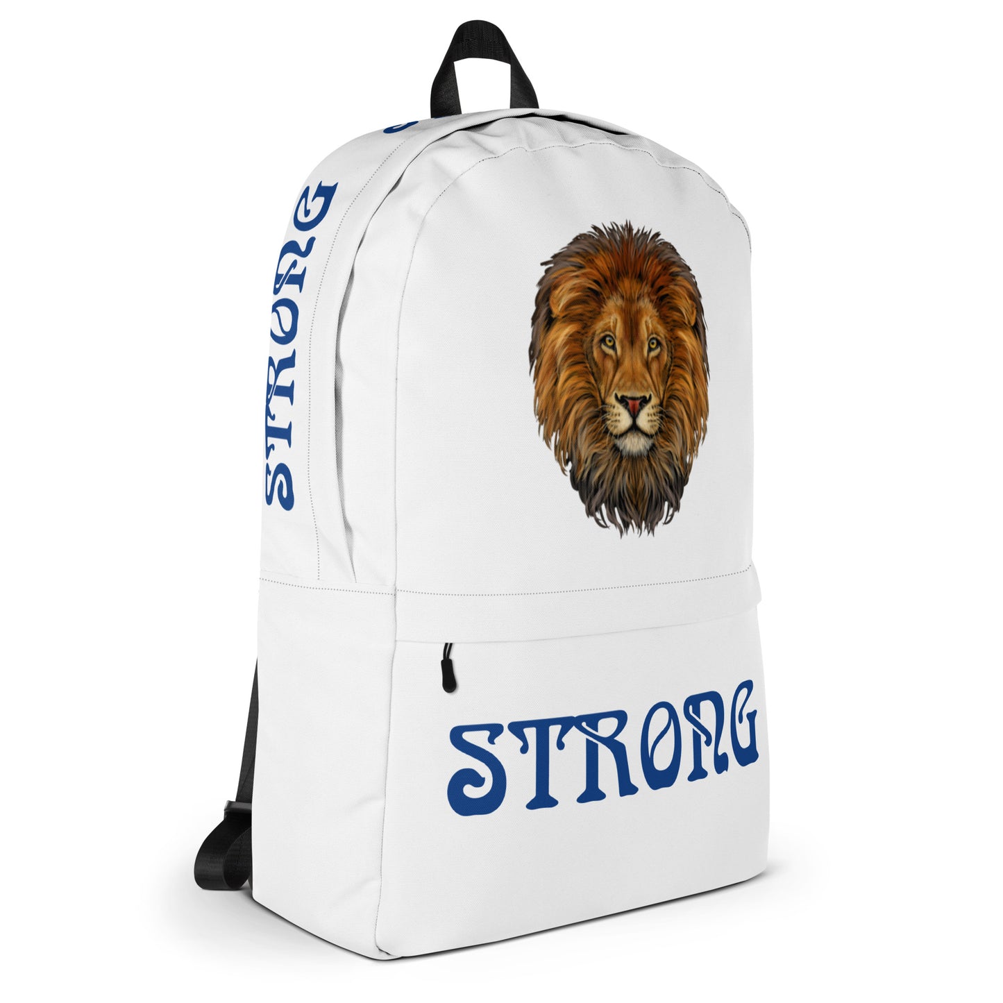 “STRONG” White Backpack W/Blue Font