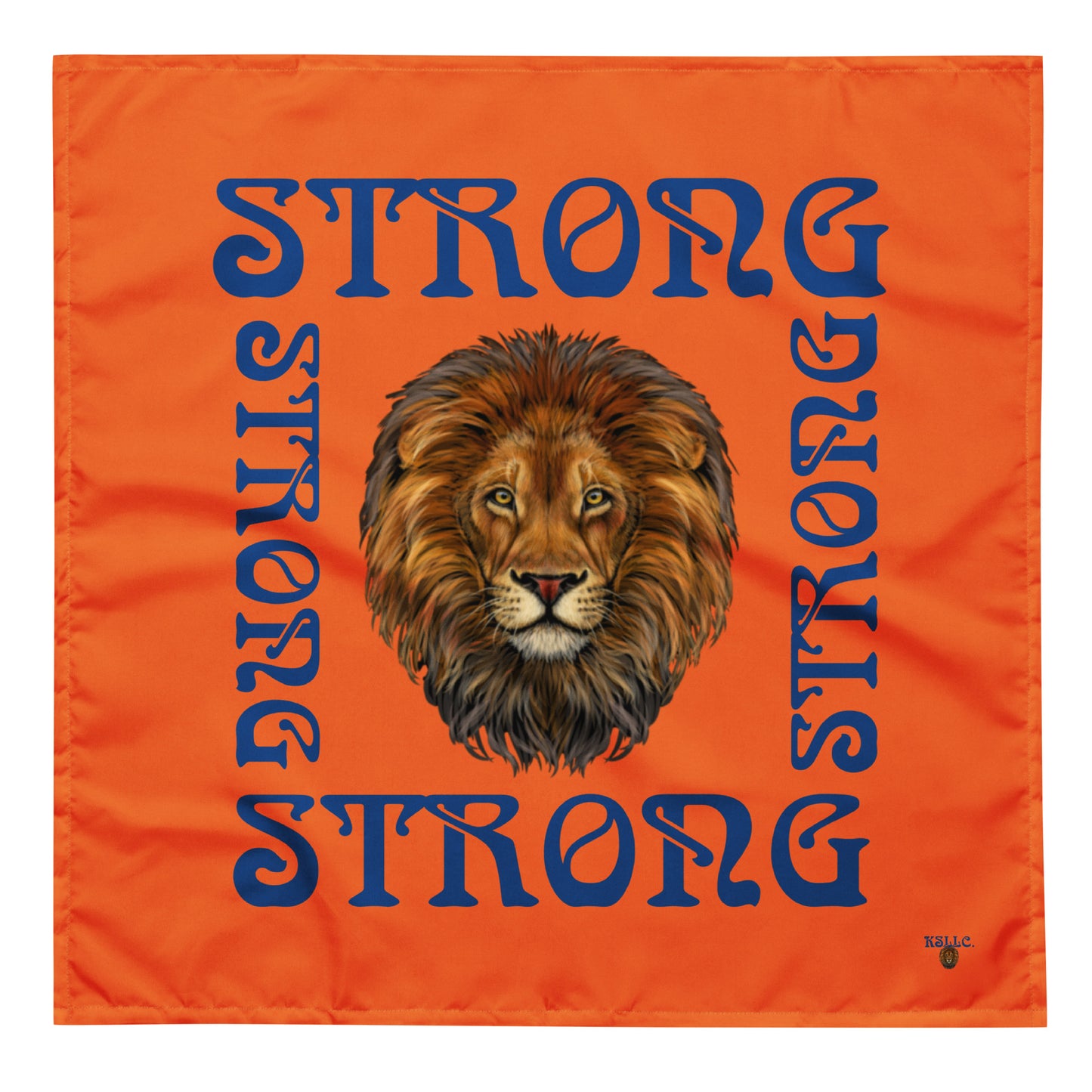 “STRONG” Orange All-Over Print Bandana W/Blue Square Font