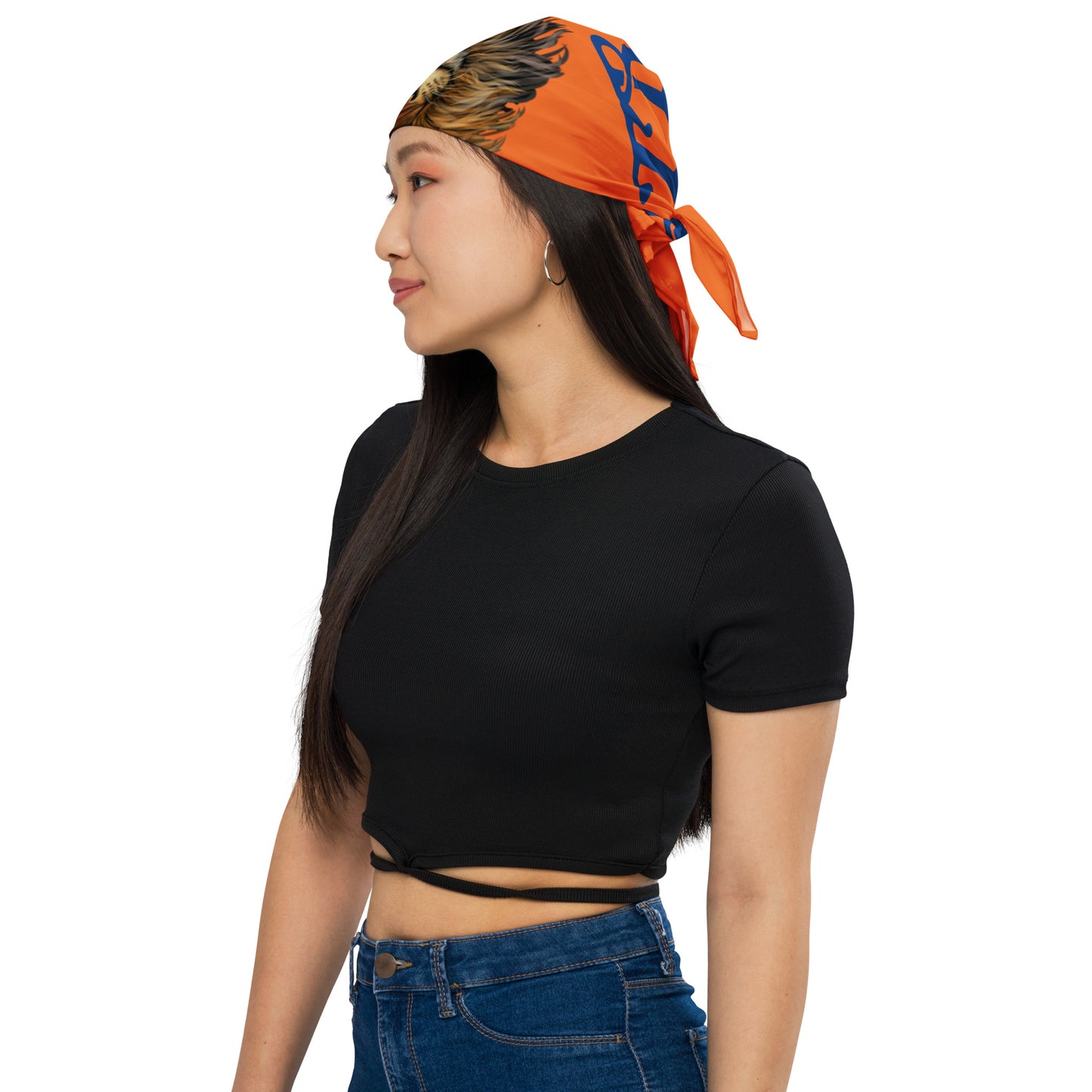 “STRONG” Orange All-Over Print Bandana W/Blue Square Font