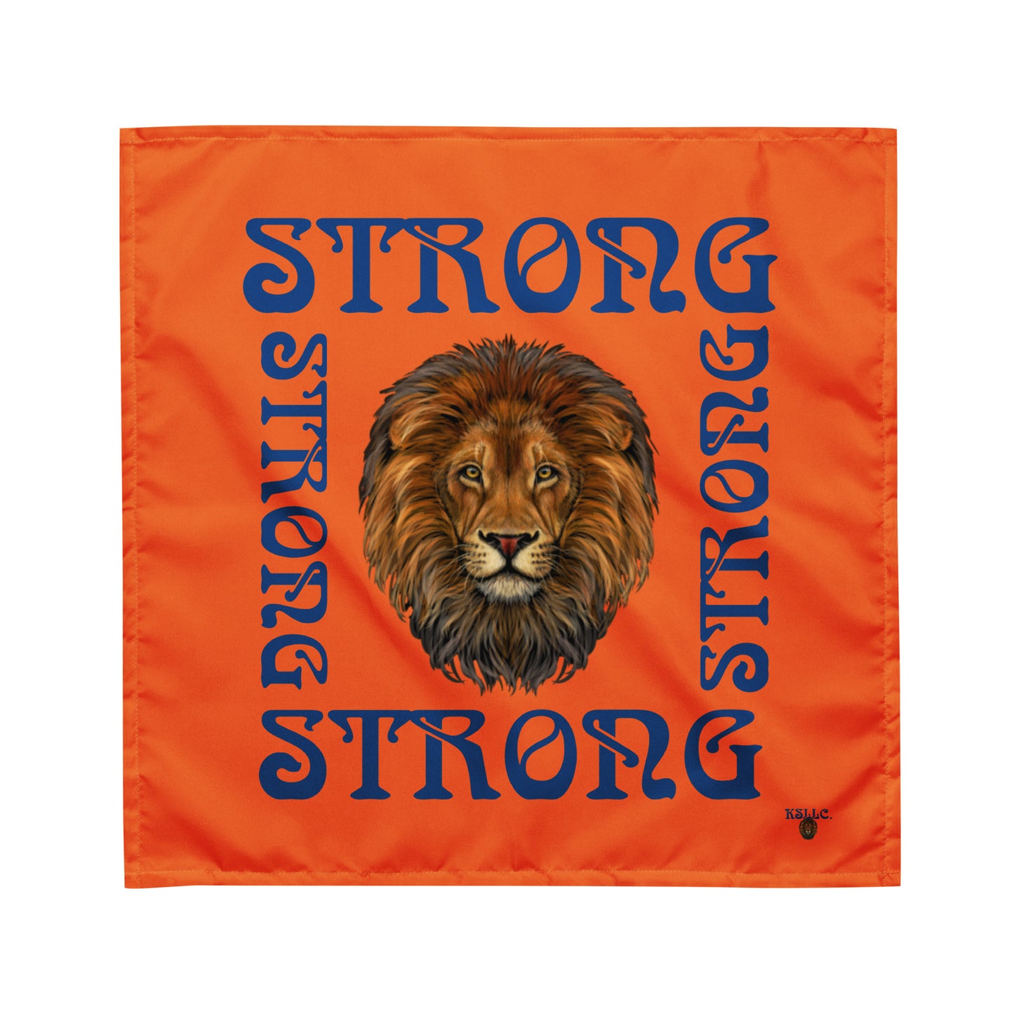 “STRONG” Orange All-Over Print Bandana W/Blue Square Font