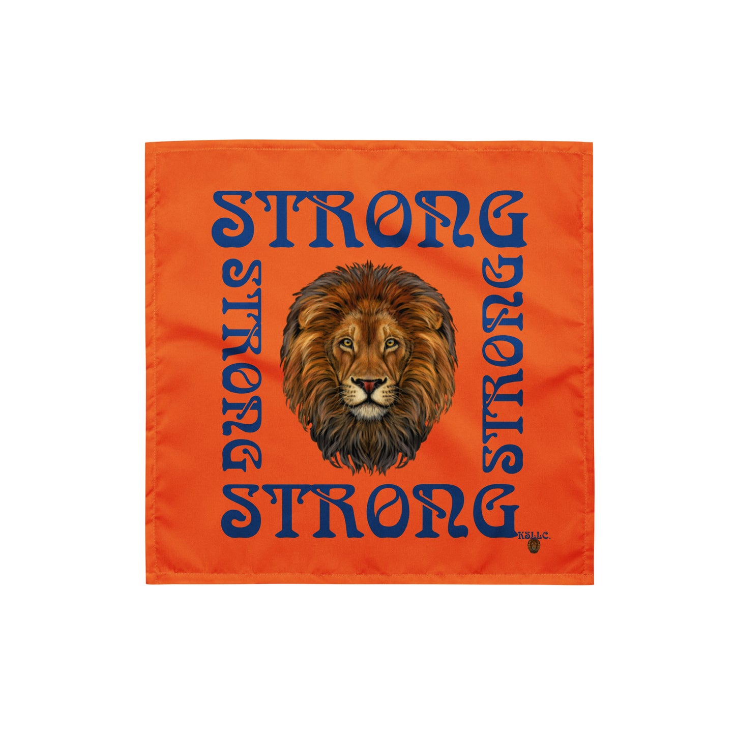 “STRONG” Orange All-Over Print Bandana W/Blue Square Font