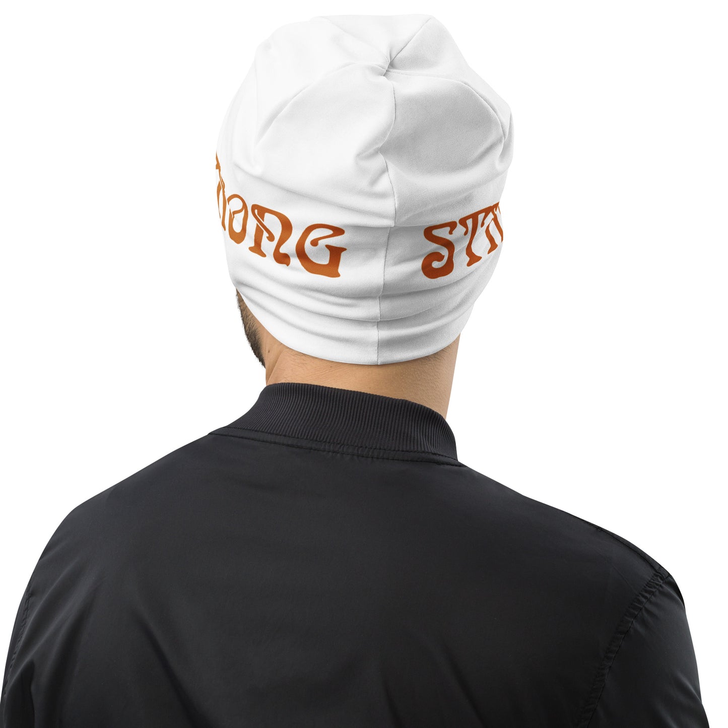 "STRONG"White Beanie W/Bronze Font