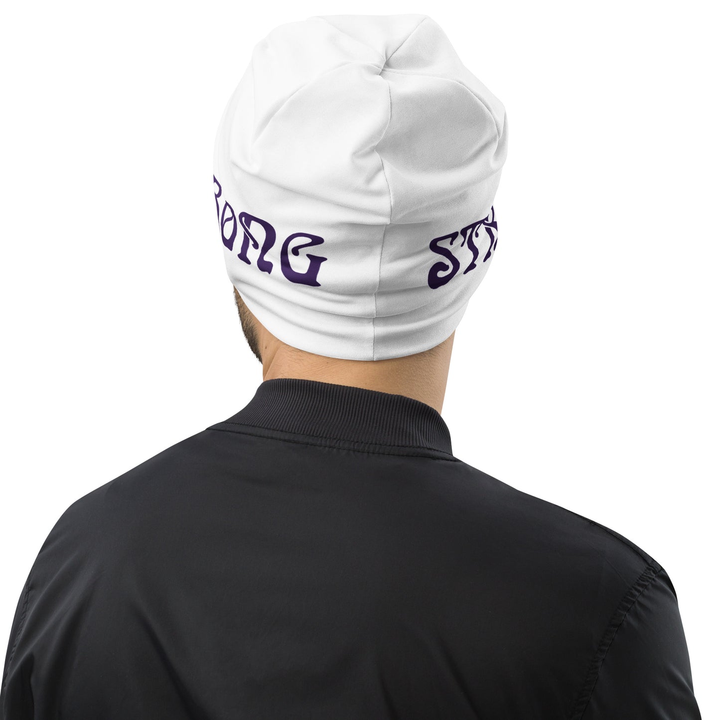 "STRONG"White Beanie W/Purple Font