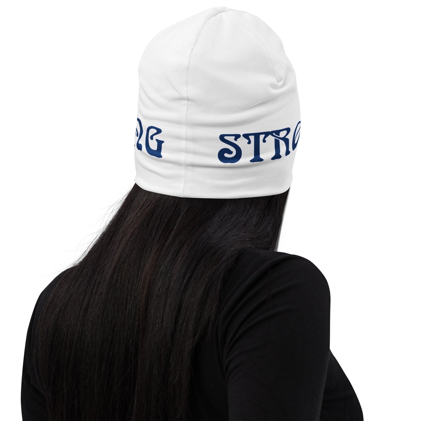 "STRONG"White Beanie W/Navy Blue Font