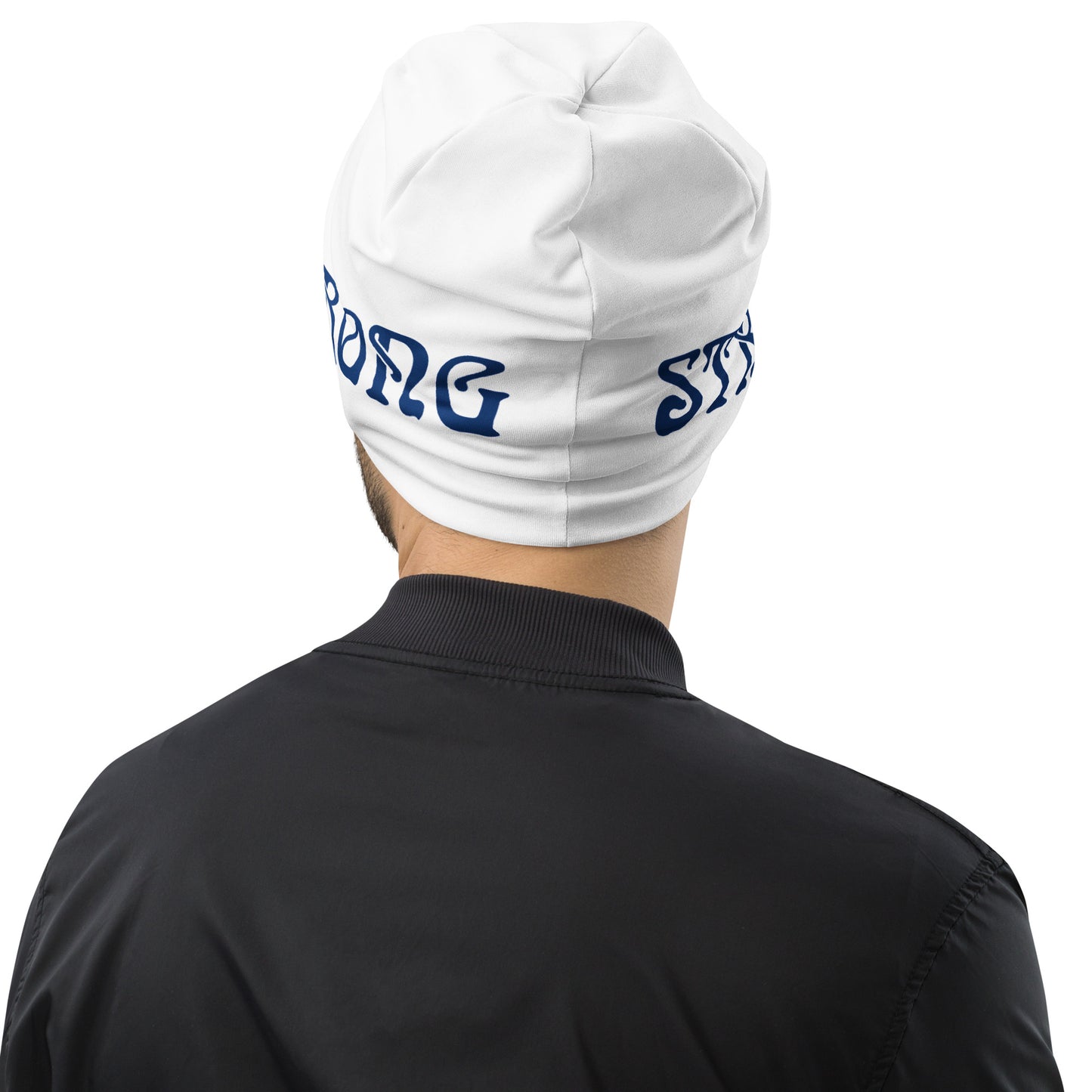 "STRONG"White Beanie W/Navy Blue Font