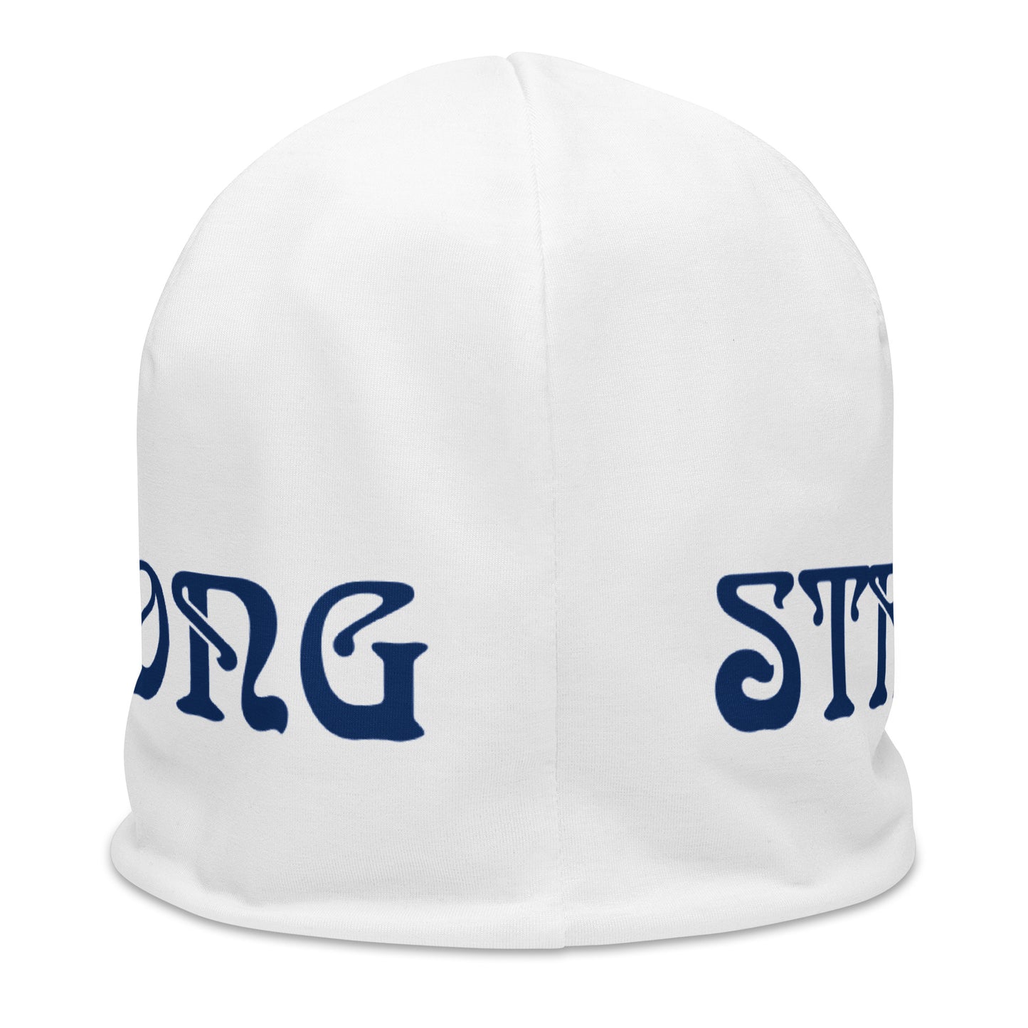 "STRONG"White Beanie W/Navy Blue Font