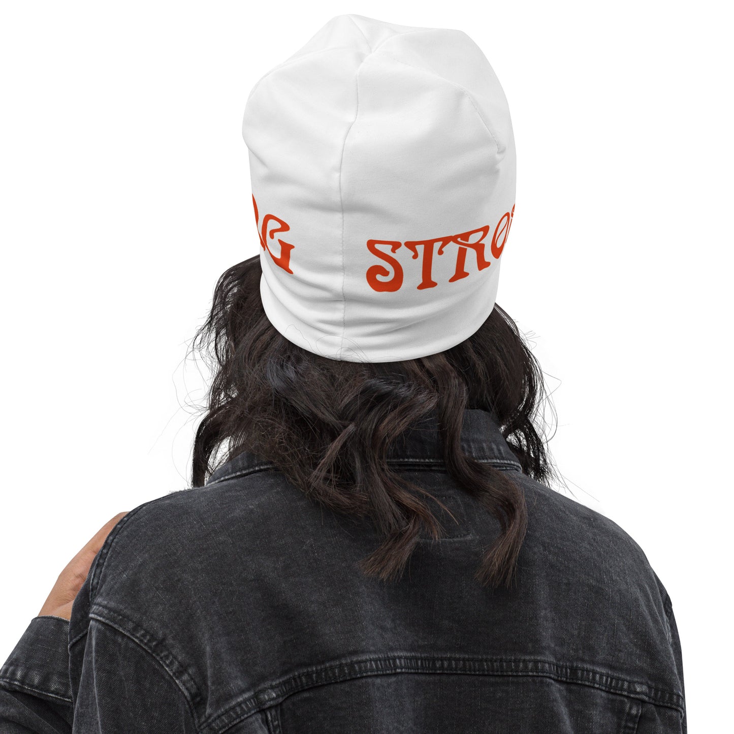 "STRONG"White Beanie W/Orange Font