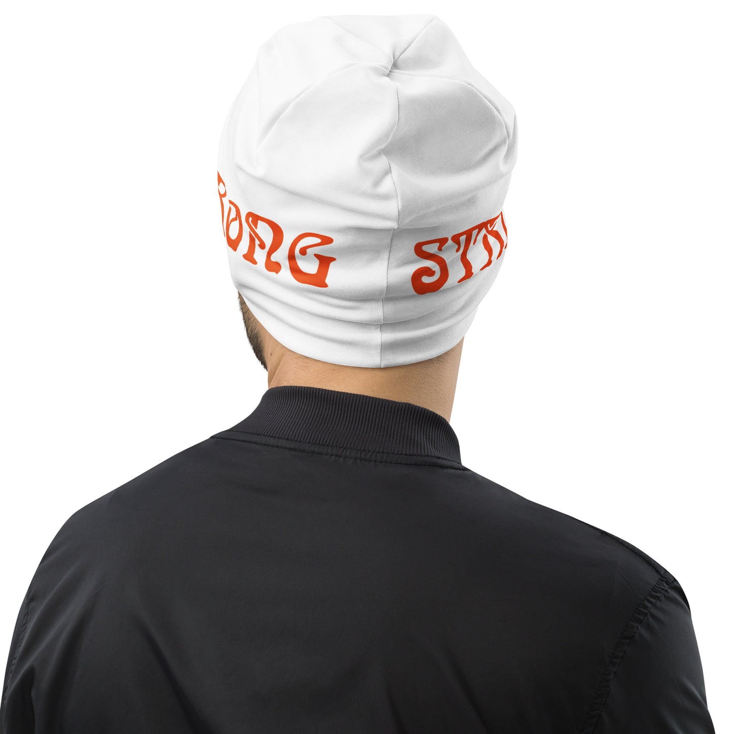 "STRONG"White Beanie W/Orange Font