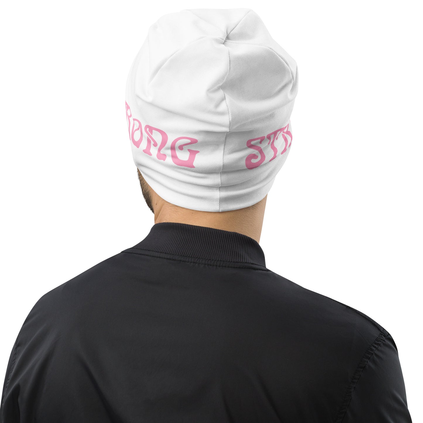 "STRONG"White Beanie W/Cotton Candy Font