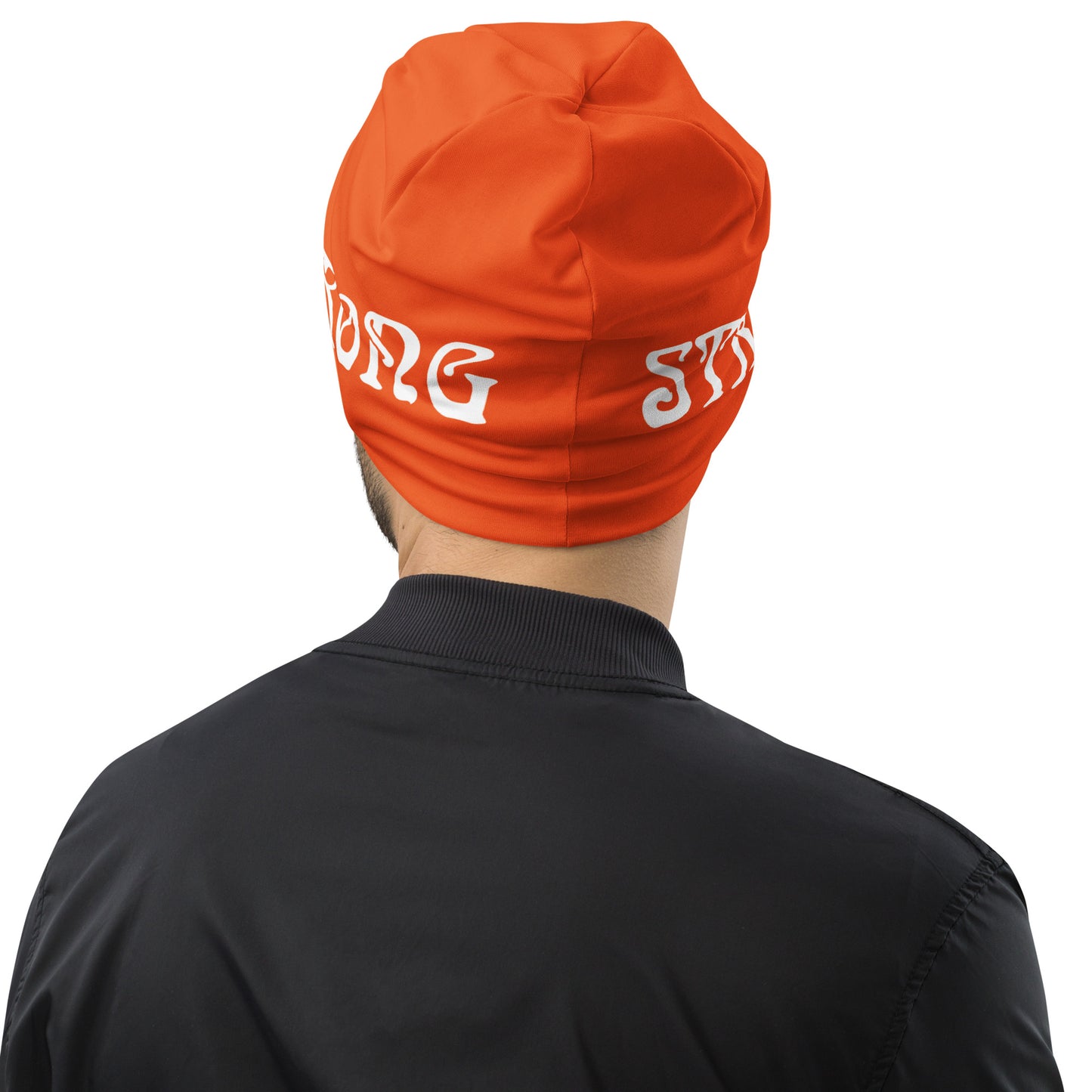 “STRONG”Orange All-Over Print Beanie W/White Font