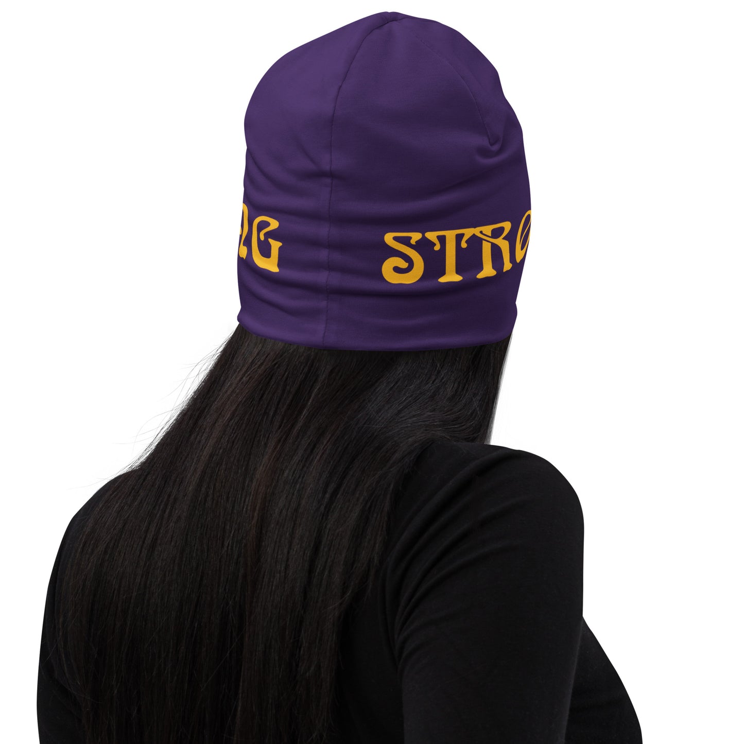 “STRONG”Purple All-Over Print Beanie W/Yellow Font