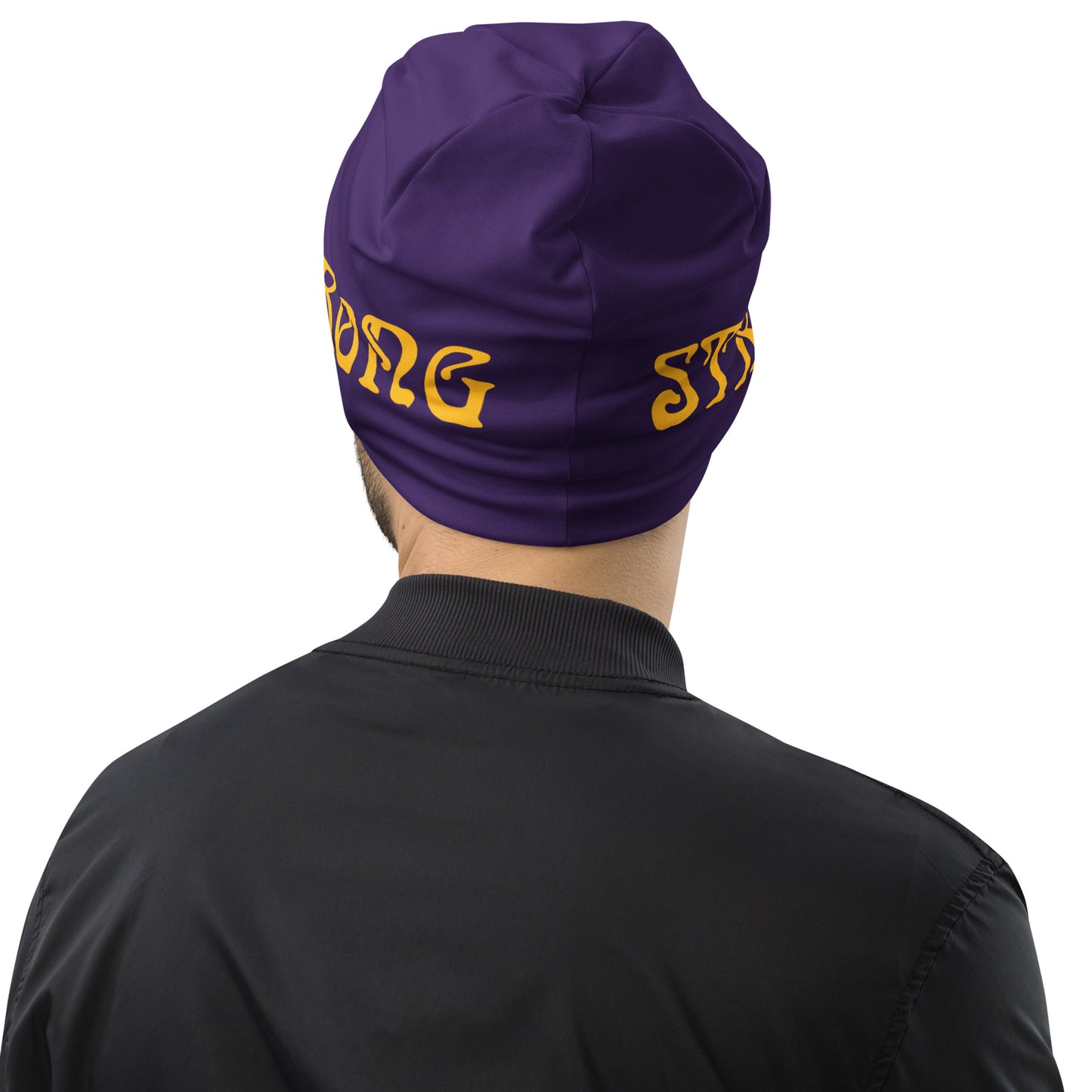 “STRONG”Purple All-Over Print Beanie W/Yellow Font