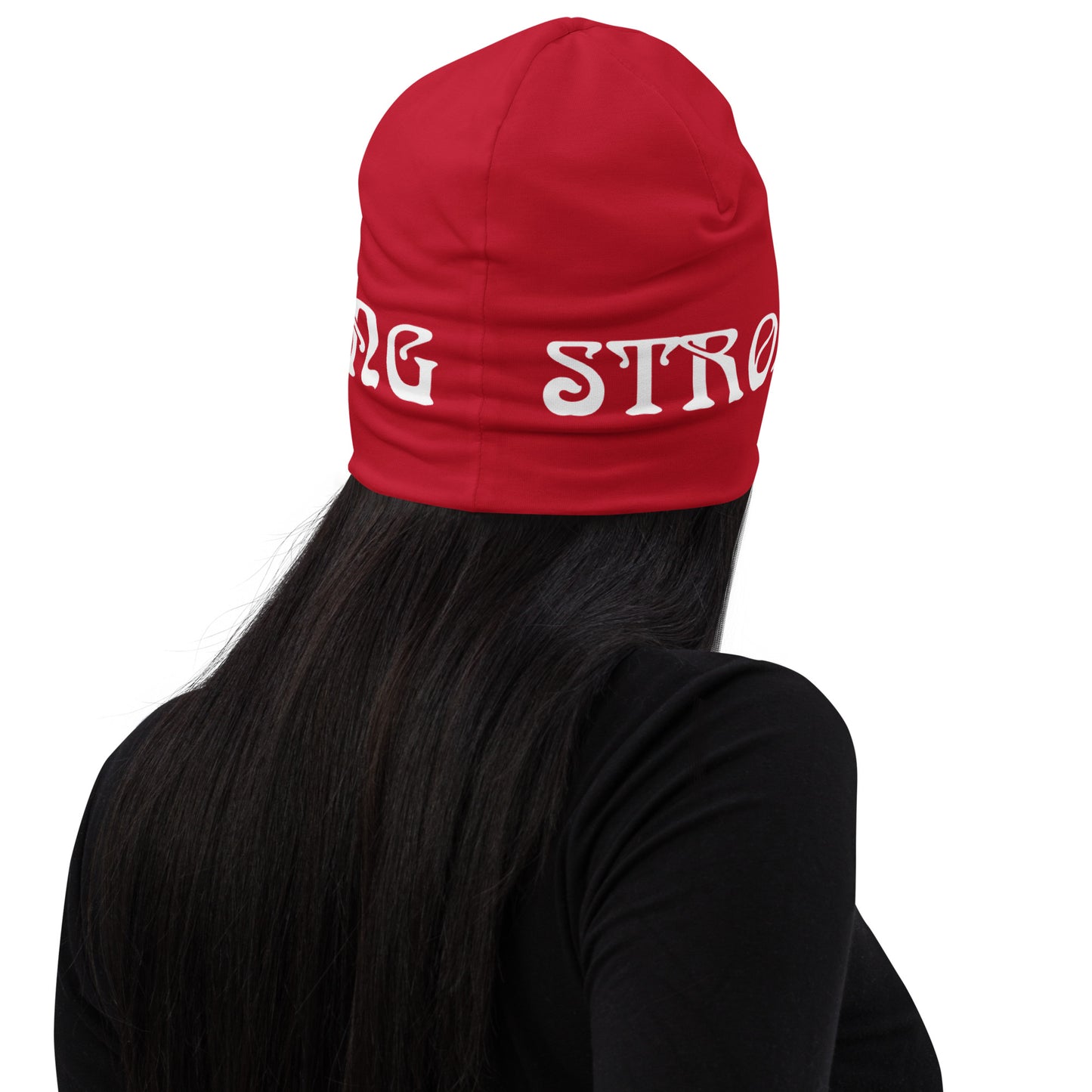 “STRONG"All-Over Print Red Beanie W/White Font