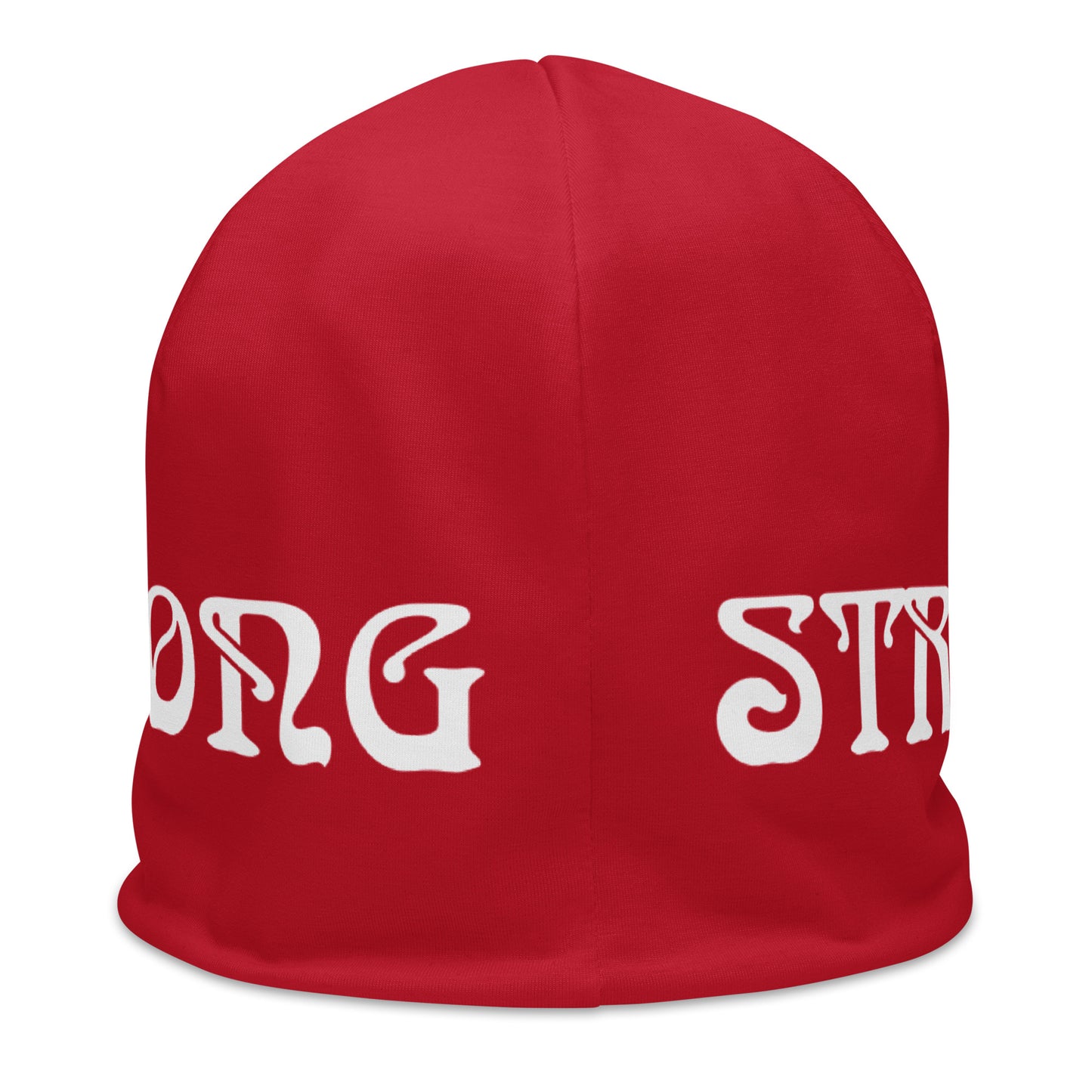 “STRONG"All-Over Print Red Beanie W/White Font