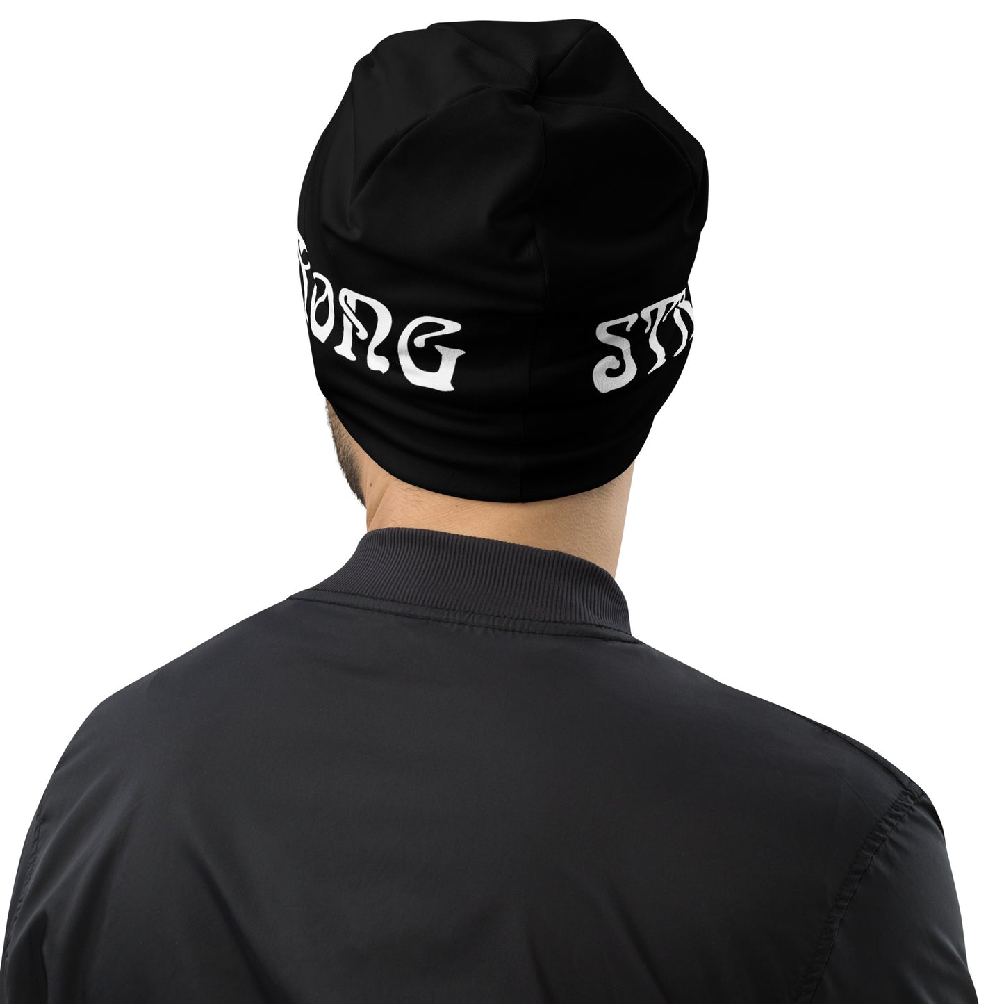“STRONG”Black All-Over Print Beanie W/White Font