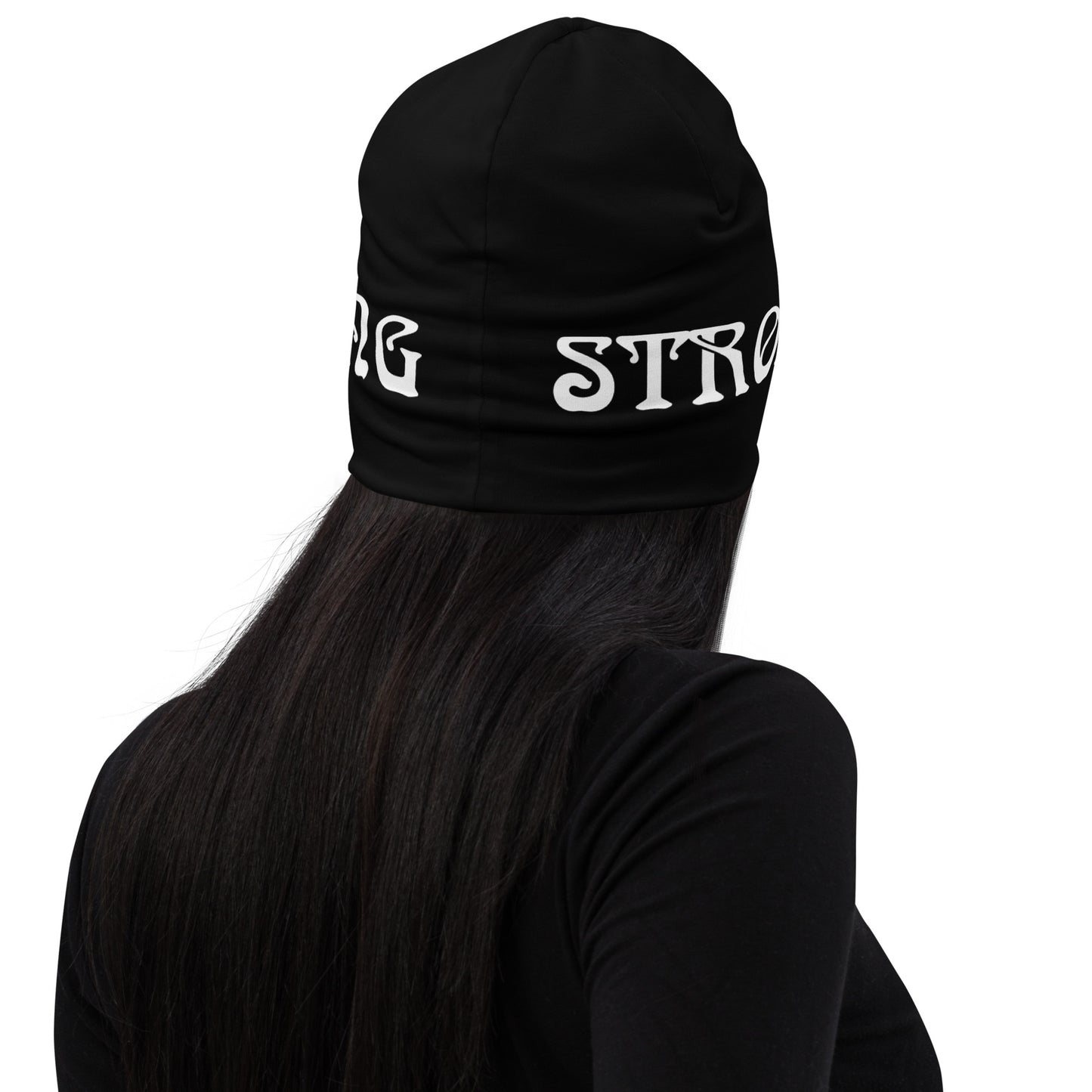 “STRONG”Black All-Over Print Beanie W/White Font