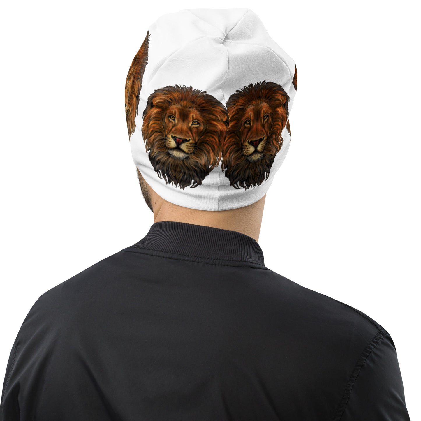 “Lion”White Pattern All-Over Print Beanie