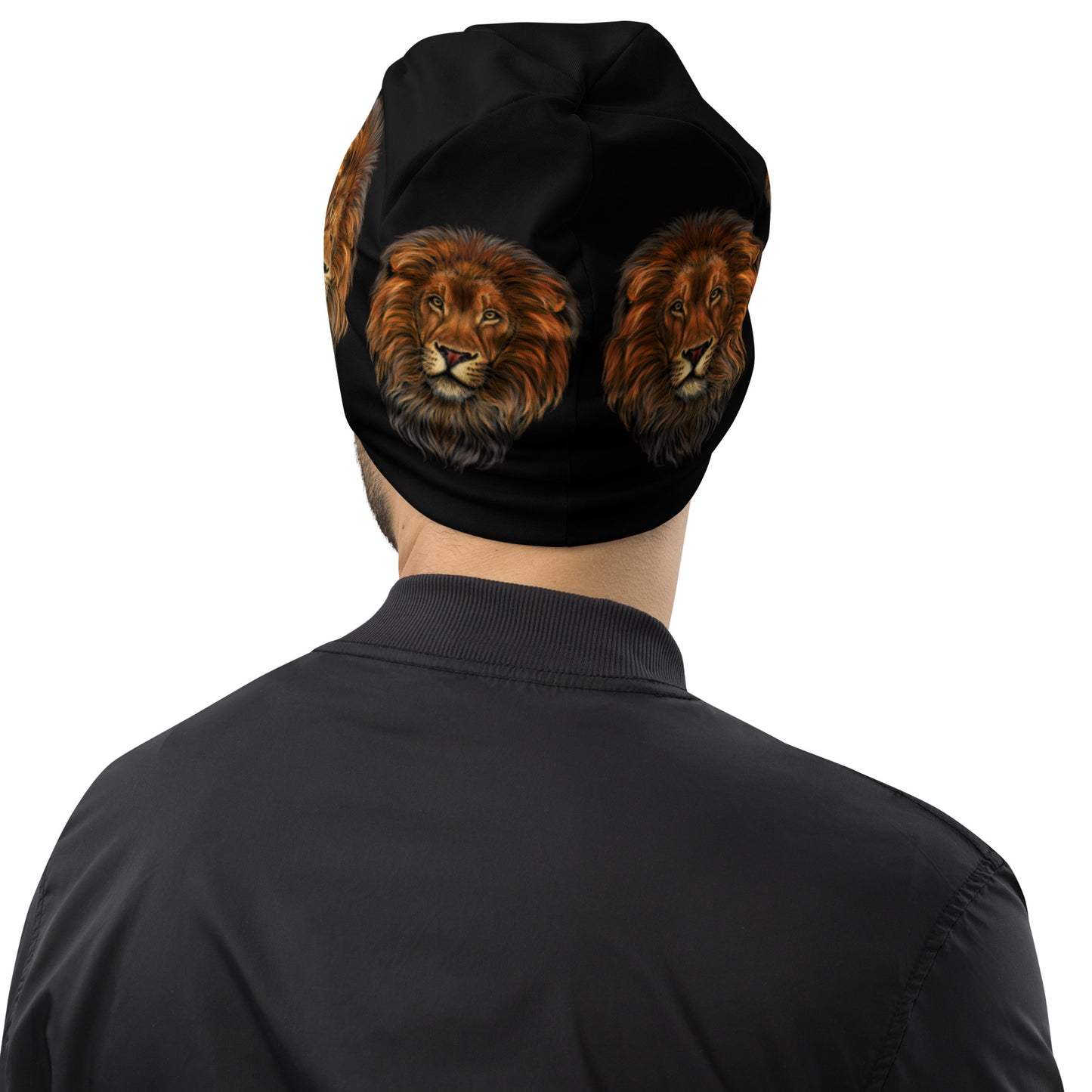 “Lion”Black Pattern All-Over Print Beanie