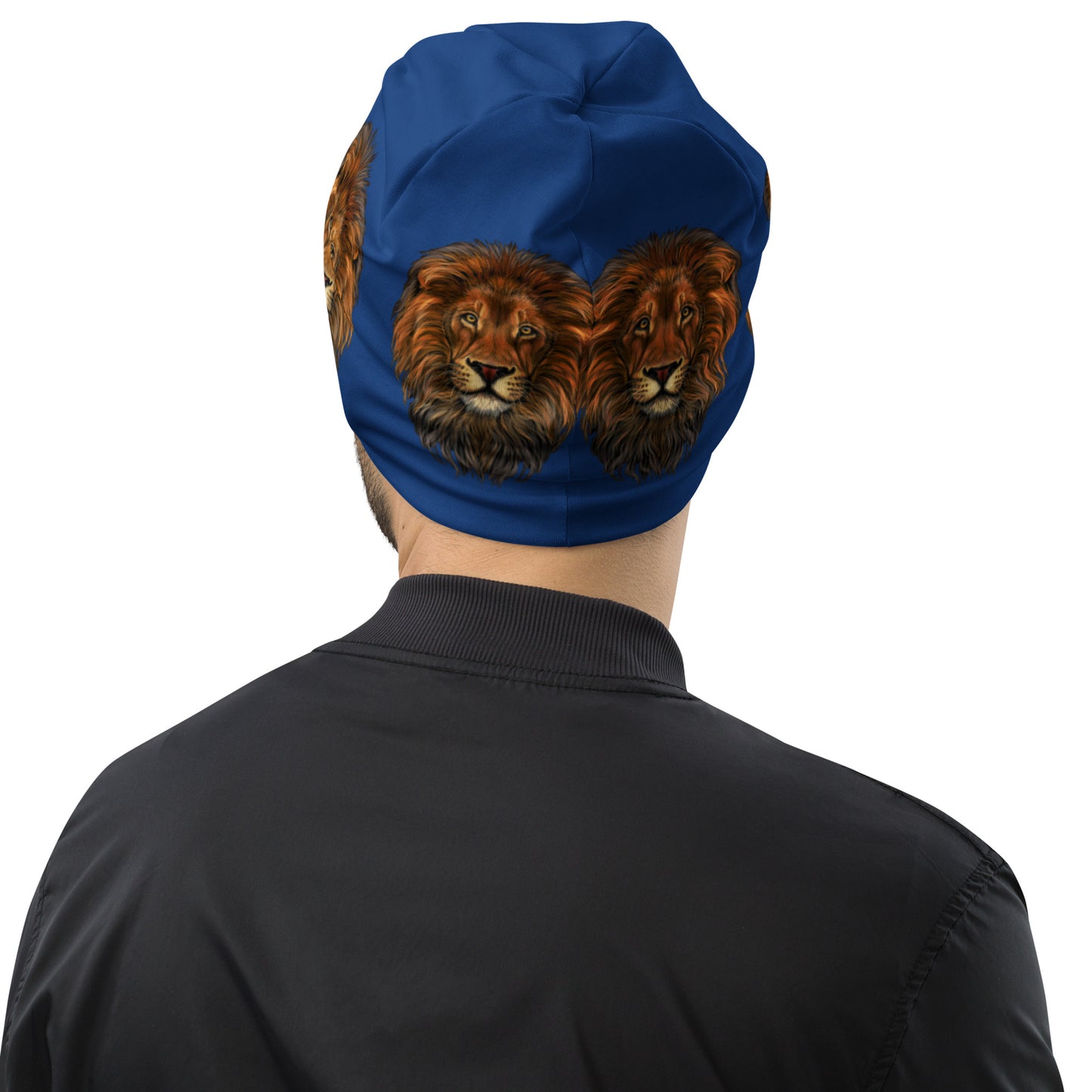 “Lion"Navy Blue Pattern All-Over Print Beanie