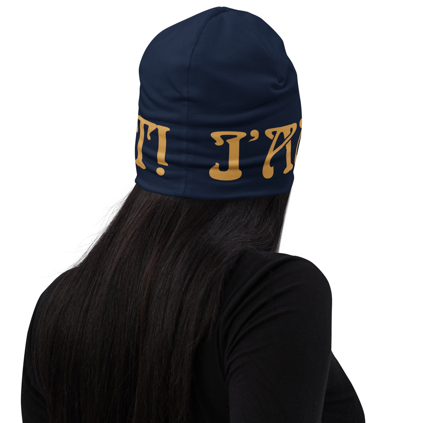 “I’AM A GIFT!”Navy All-Over Print Beanie W/Fawn Font