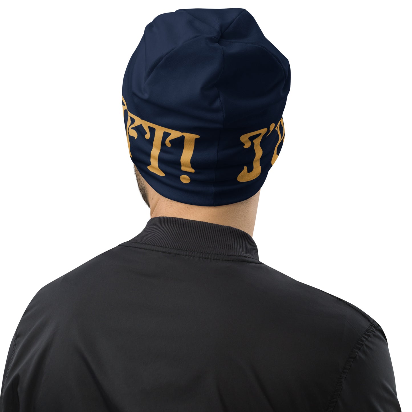 “I’AM A GIFT!”Navy All-Over Print Beanie W/Fawn Font