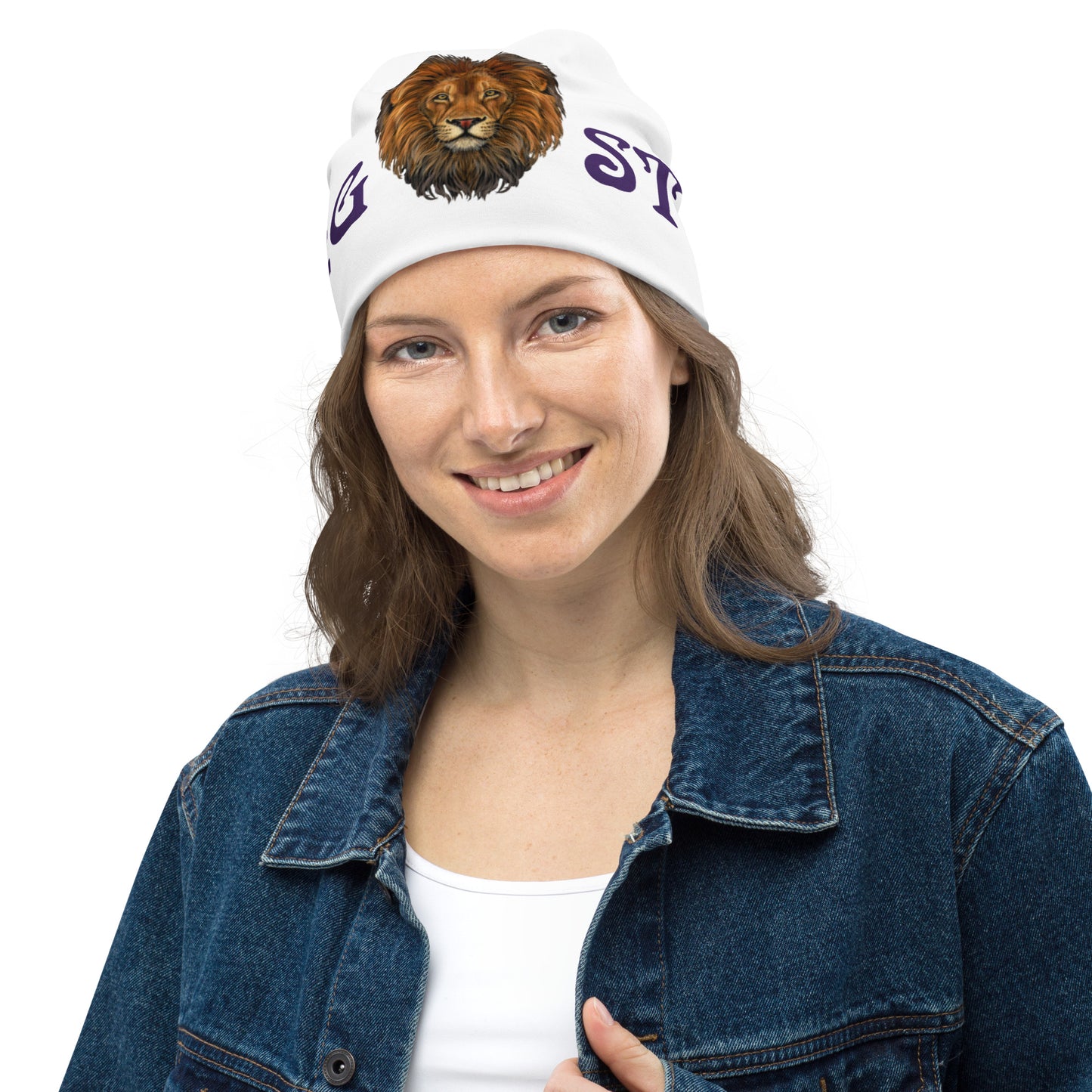 "STRONG"White Beanie W/Purple Font