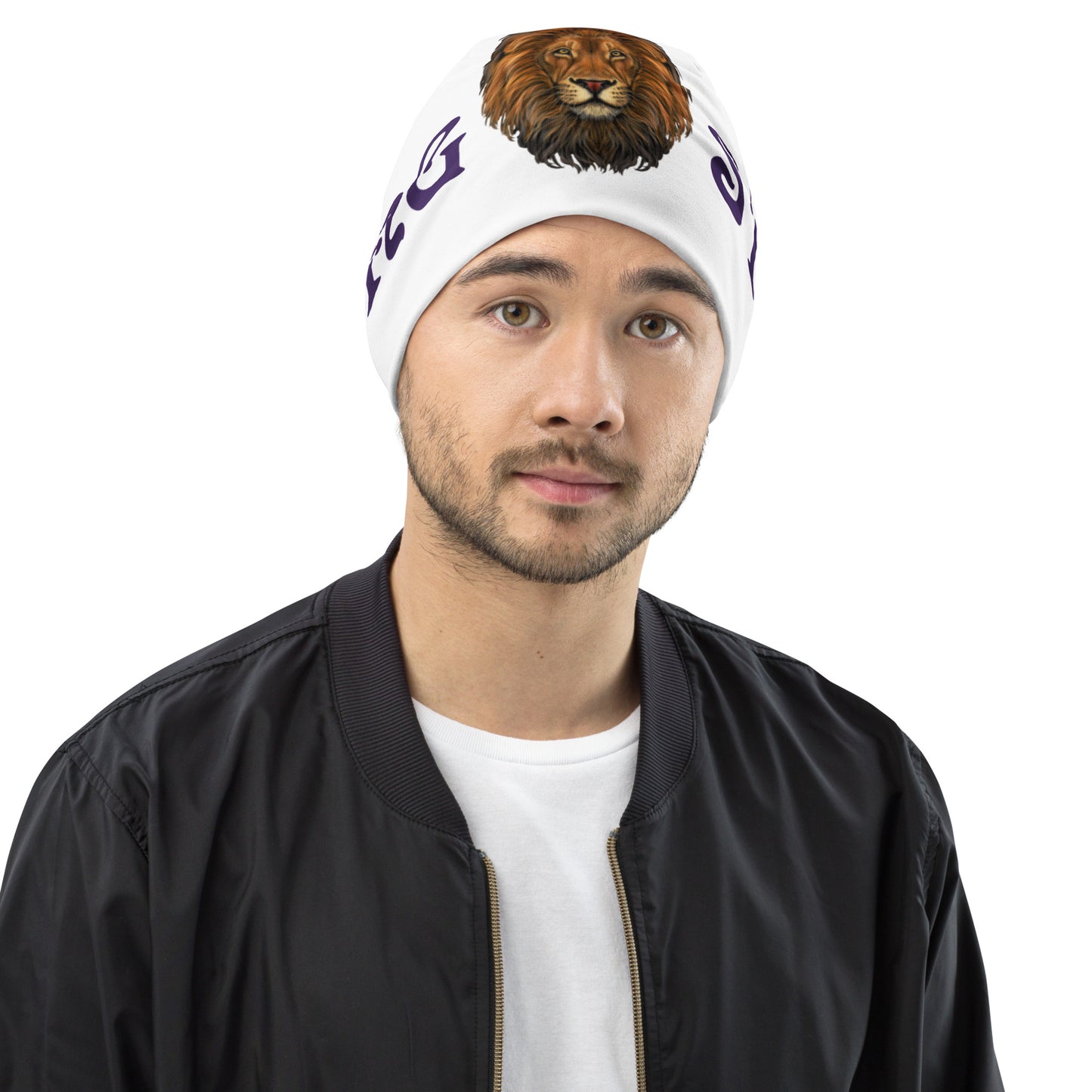 "STRONG"White Beanie W/Purple Font