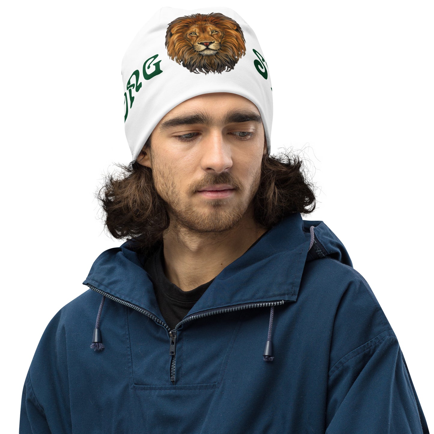 'STRONG"White Beanie W/Green Font