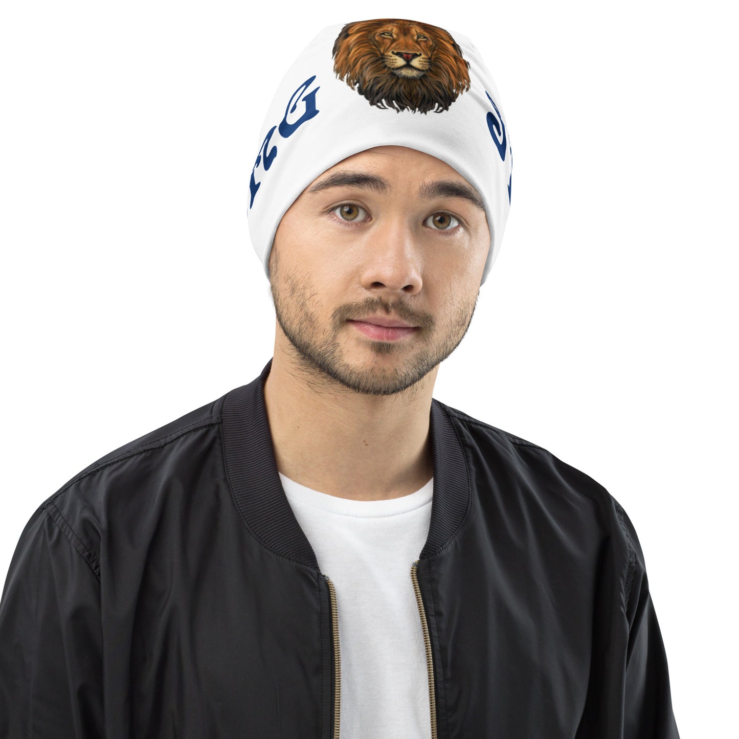 "STRONG"White Beanie W/Navy Blue Font