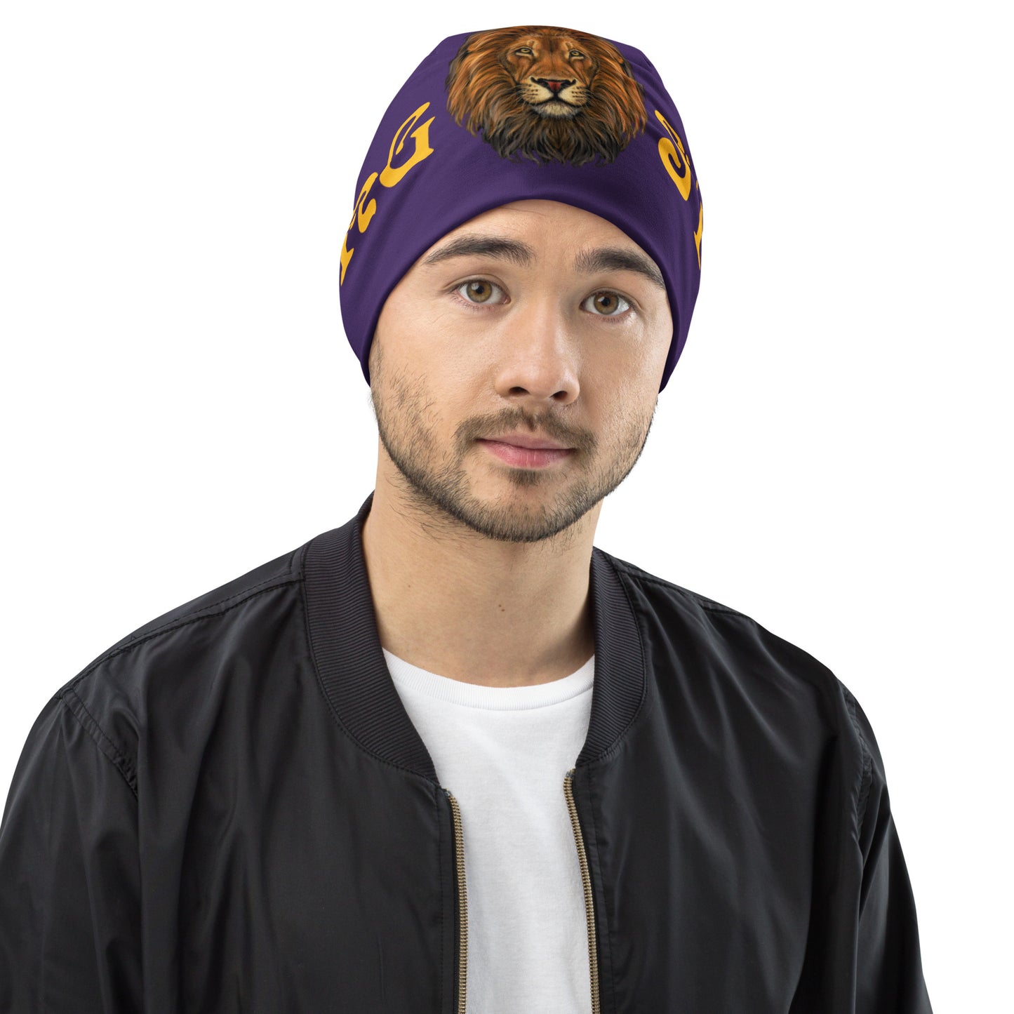 “STRONG”Purple All-Over Print Beanie W/Yellow Font