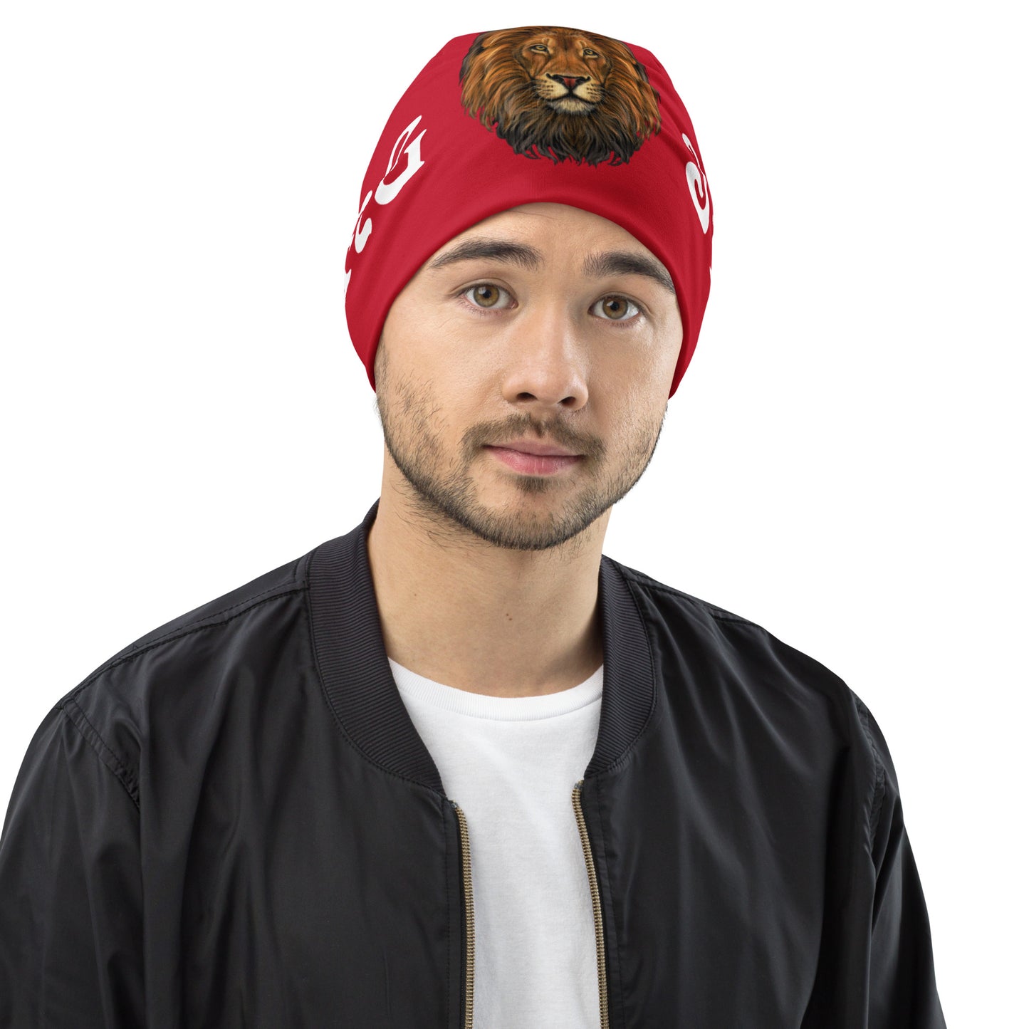 “STRONG"All-Over Print Red Beanie W/White Font