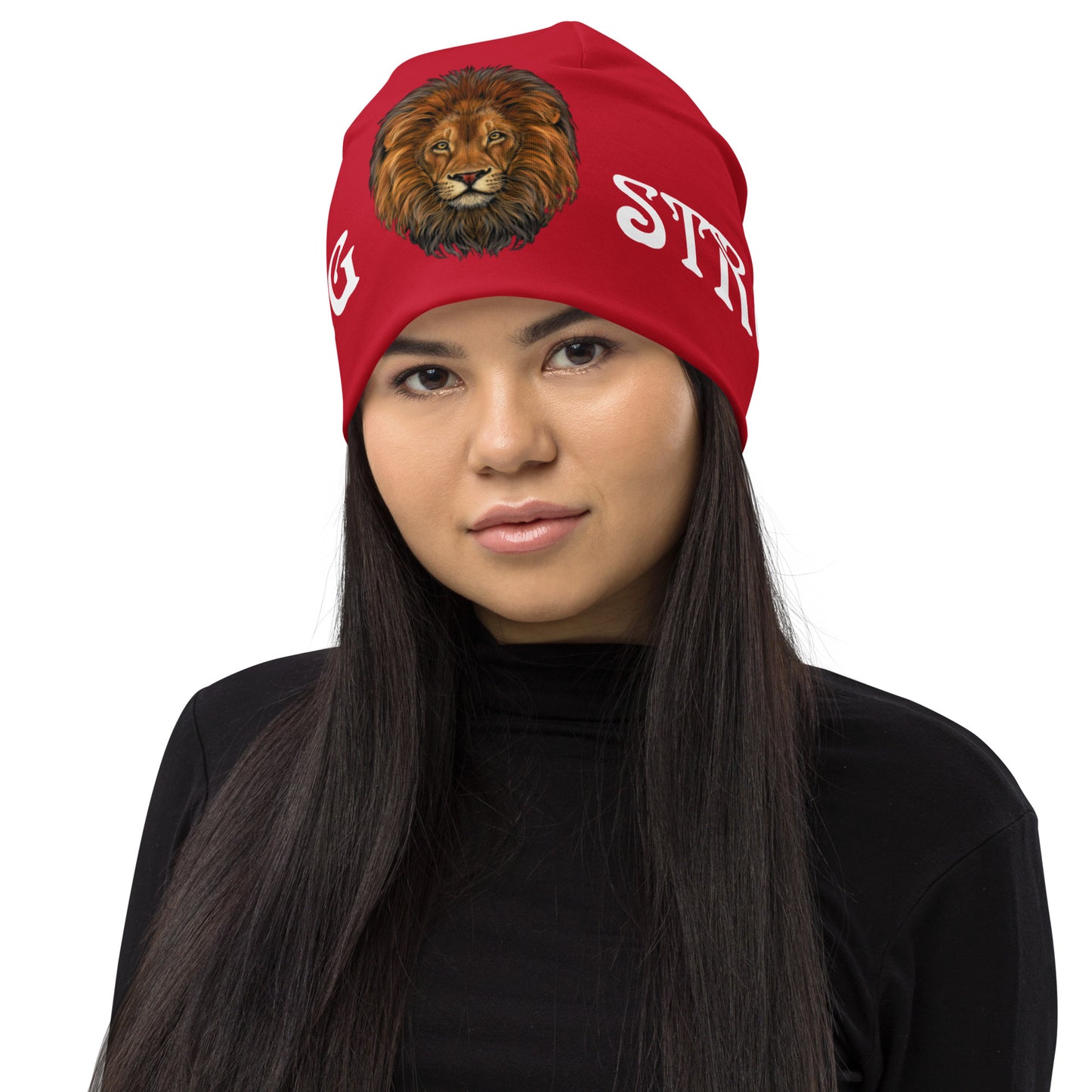 “STRONG"All-Over Print Red Beanie W/White Font