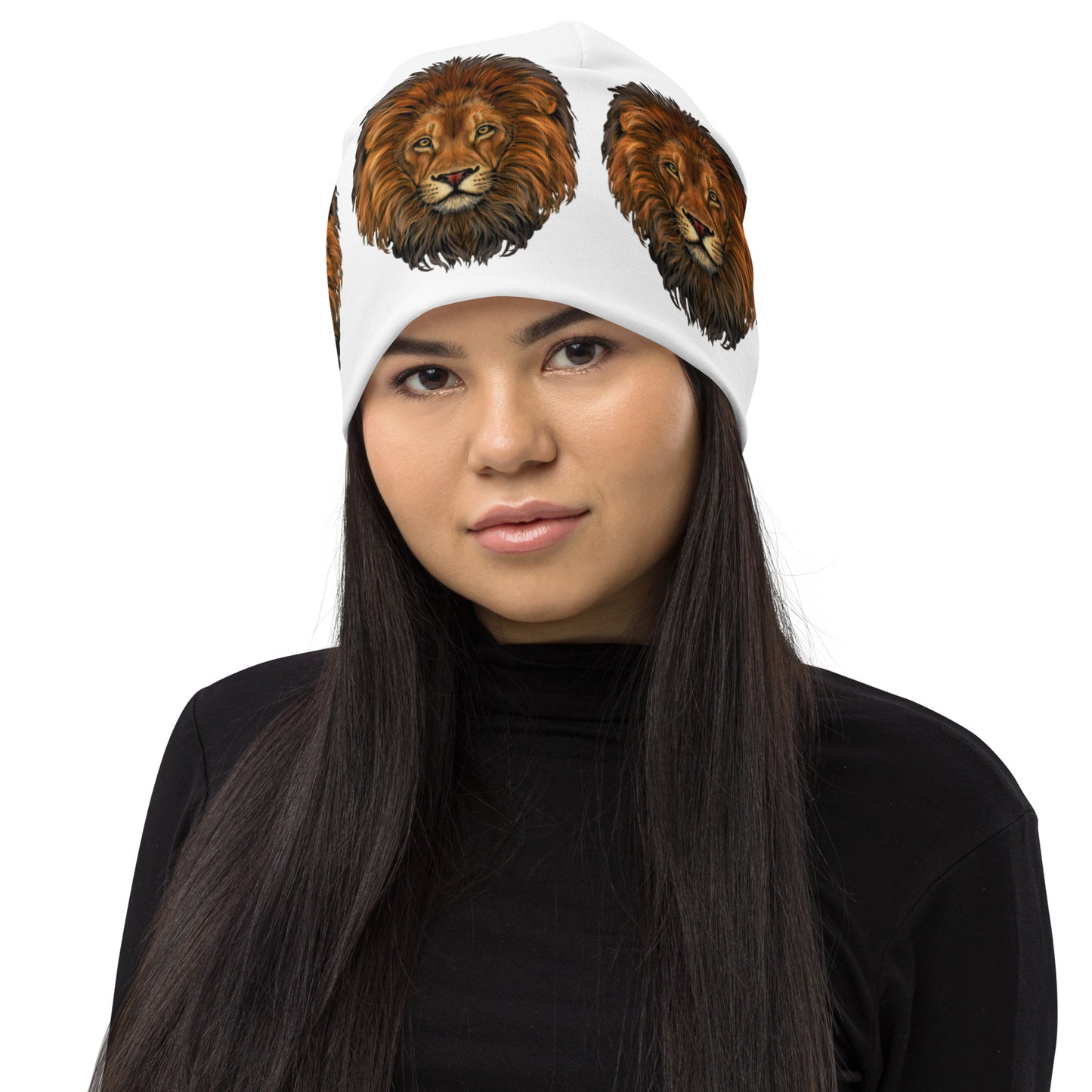 “Lion”White Pattern All-Over Print Beanie