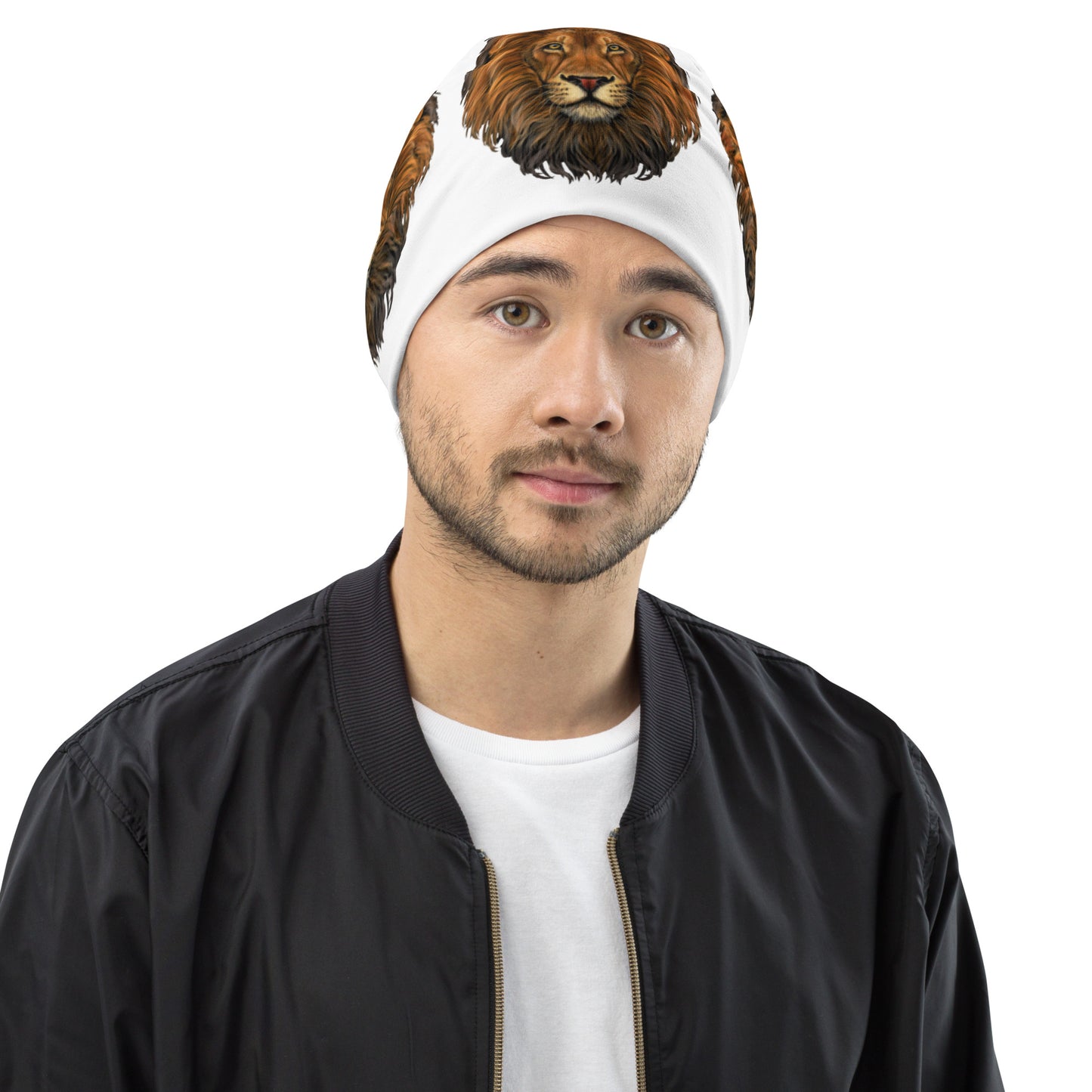 “Lion”White Pattern All-Over Print Beanie