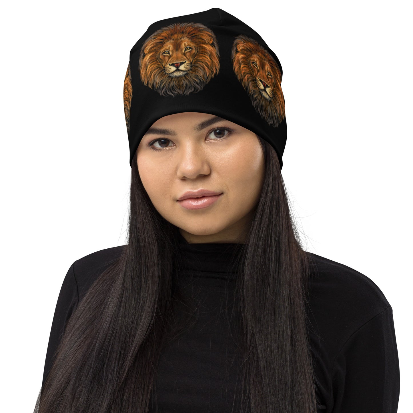 “Lion”Black Pattern All-Over Print Beanie